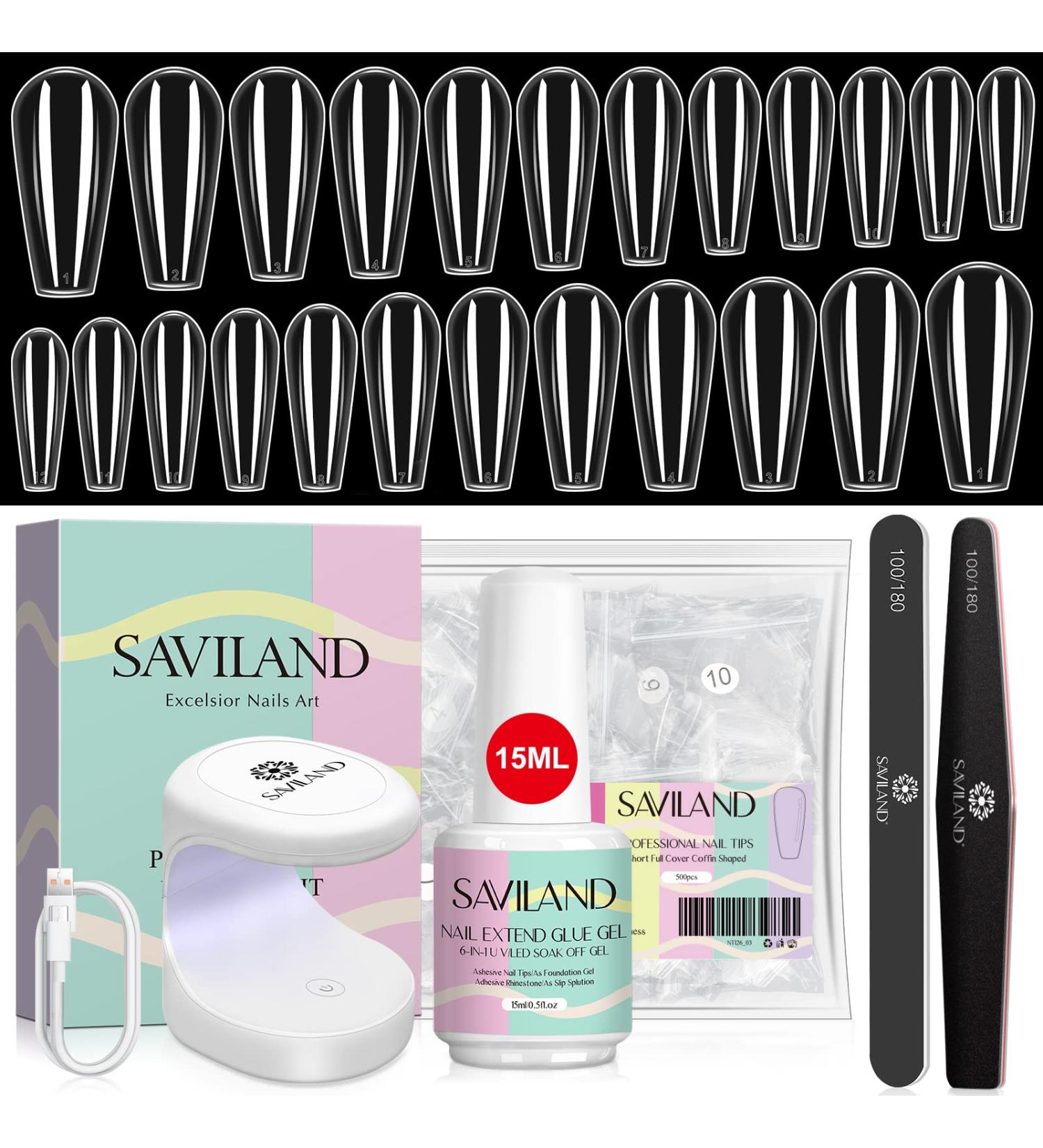 SAVILAND Coffin Gel X Nail Kit - 4 in 1 Nail Glue Gel 500 Clear Medium Tips UV LED Lamp | DIY Nail Art & Strengthener | Perfect Salon-At-Home Gift - Buy Online on GoSupps.com