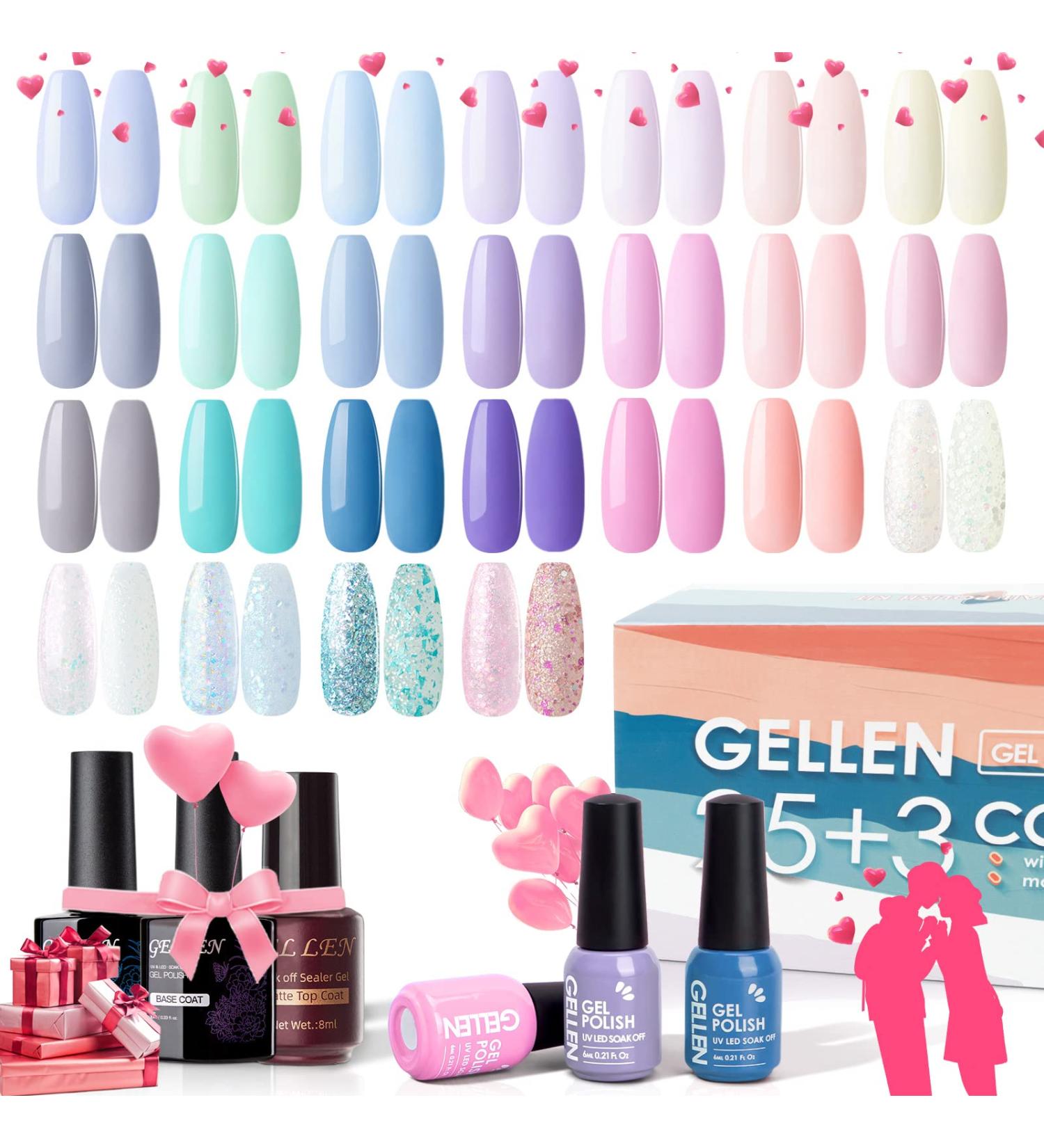 GELLEN 28 Pack Gel Nail Polish Kit - Glossy/Matte Top Coat, Base Coat, Pastel Shades, Soak Off Gel Colors Set - Starter Set for Candy Pastels - Buy Online on GoSupps.com
