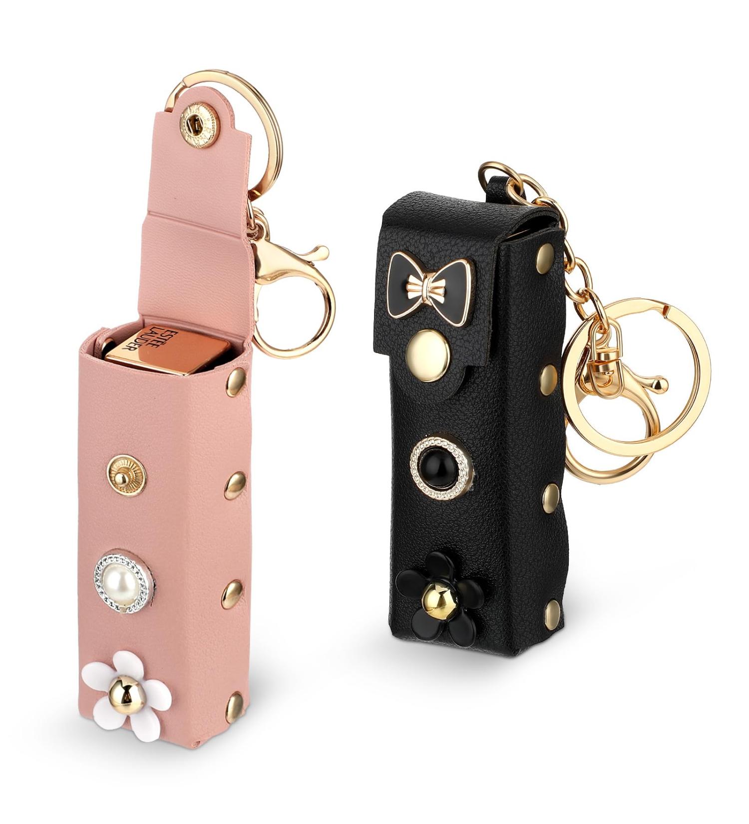 2 Pack Keychain Chapstick Holder - PU Leather Lip Balm & Lipstick Holder with Key Ring - Travel Essential (Pink Black - Buy Online on GoSupps.com