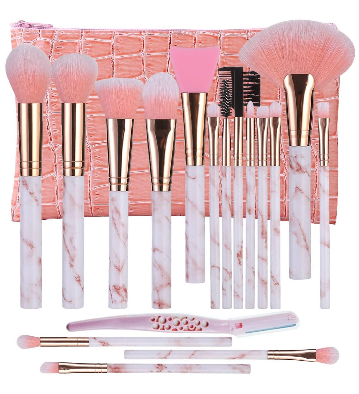 DUAIU 16 Pcs Premium Synthetic Makeup Brush Set with Silicone Facial Brush and PU Cosmetic Bag - Pink - Buy Online on GoSupps.com