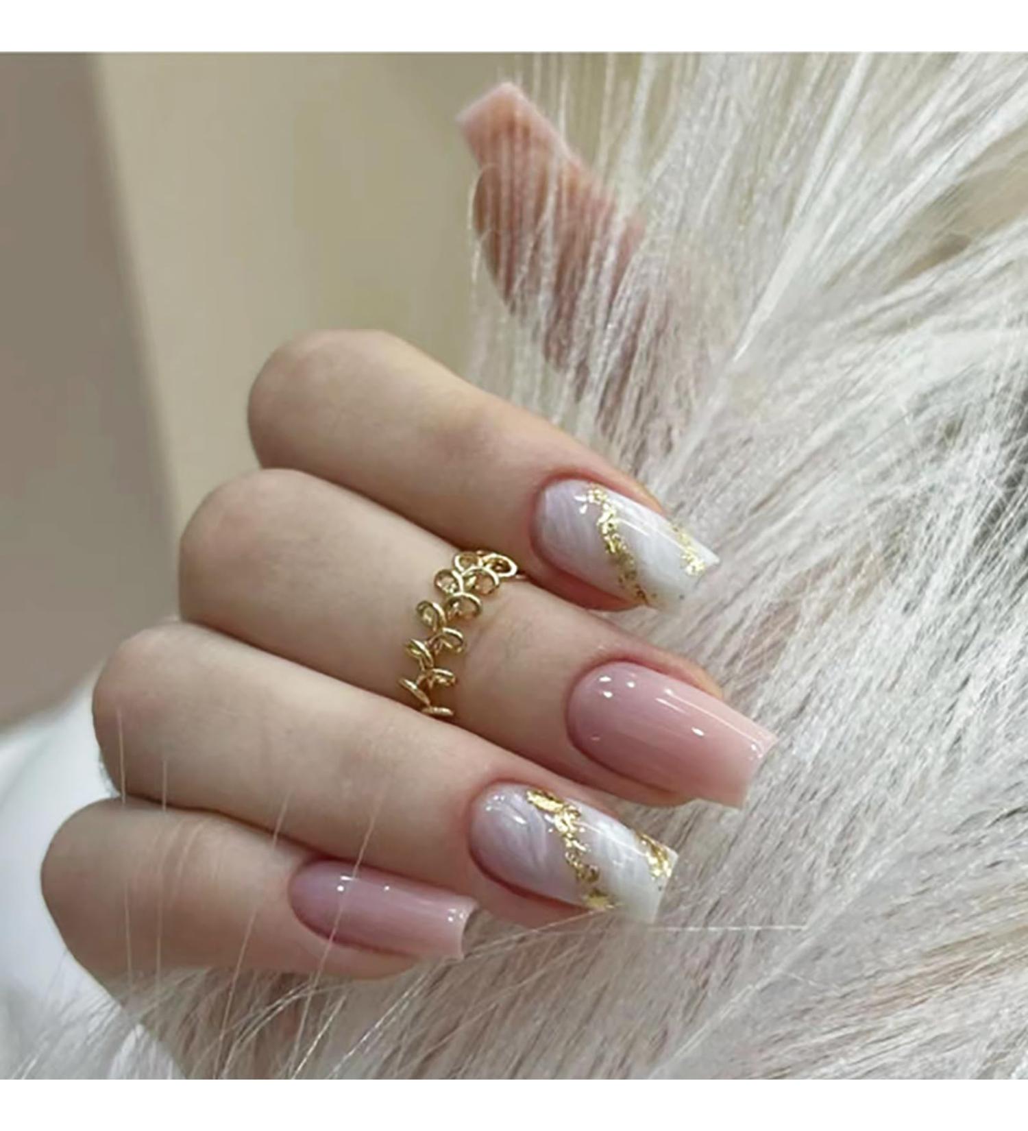 Pink White Square Press On Nails Kit - 24 Reusable Medium Fake Nails with Glue | International Shipping Available - Buy Online on GoSupps.com