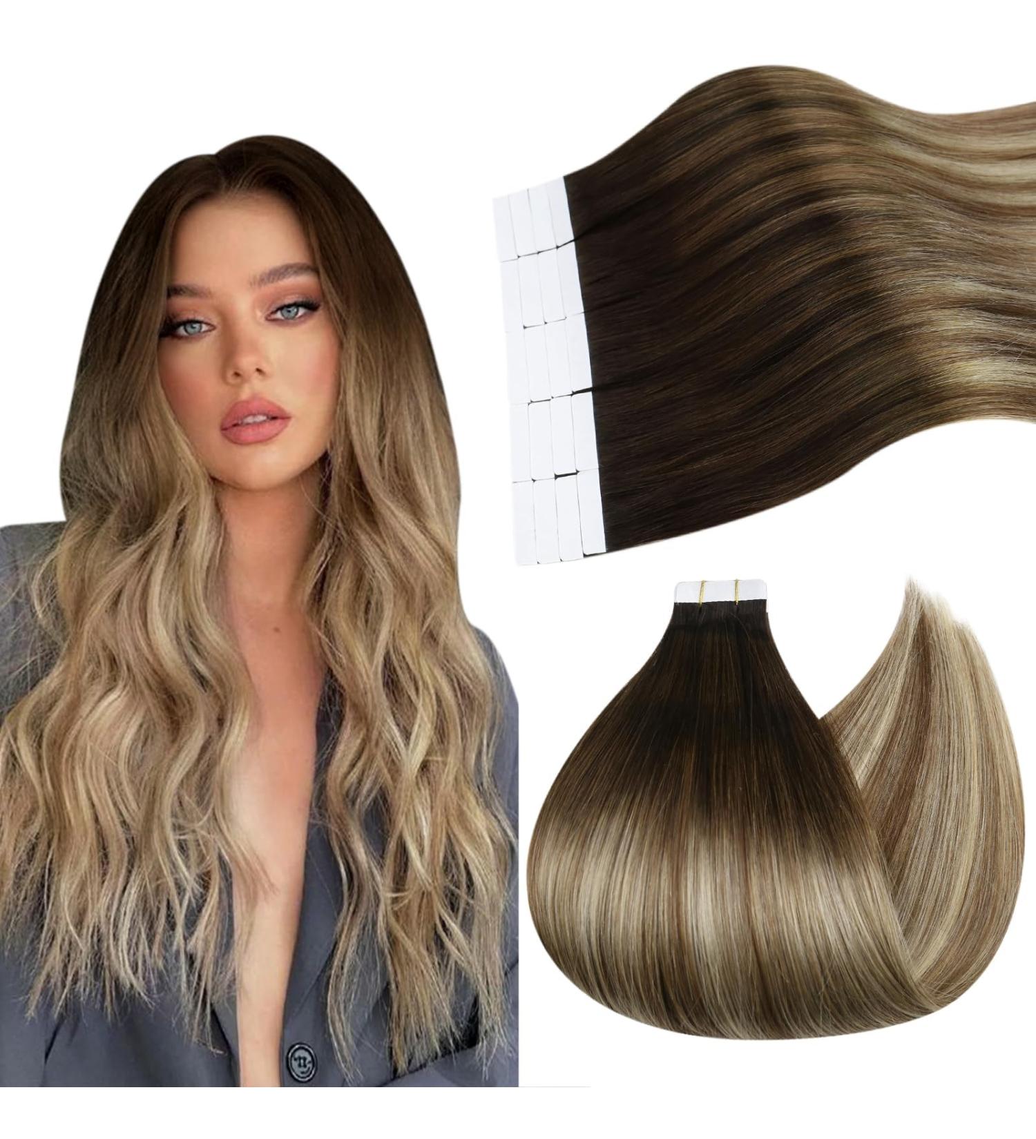 Ugeat Dark Brown Balayage Tape Extensions | Real Hair Ombre Blond | 20 Pieces 40cm #4/6/613 - Buy Online on GoSupps.com