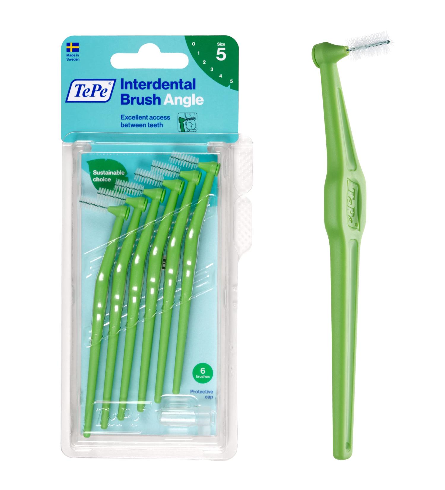 TePe Angle Interdental Brushes Green (ISO Size 5 0.8 mm) - Effective Cleaning for Hard-to-Reach Areas | 1 x 6 Pack - Buy Online on GoSupps.com