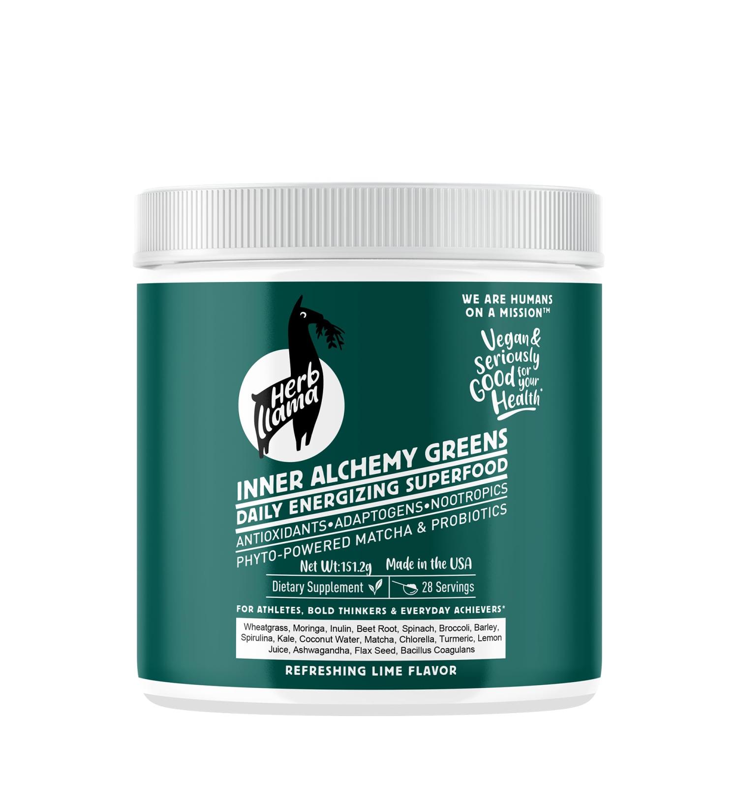 Herb Llama Inner Alchemy Greens Daily Energizing Superfood Matcha Greens Powder with Adaptogens Probiotics & Prebiotics Vegan No Added Sugar Energy Focus Gut Health 28 Servings - Buy Online on GoSupps.com