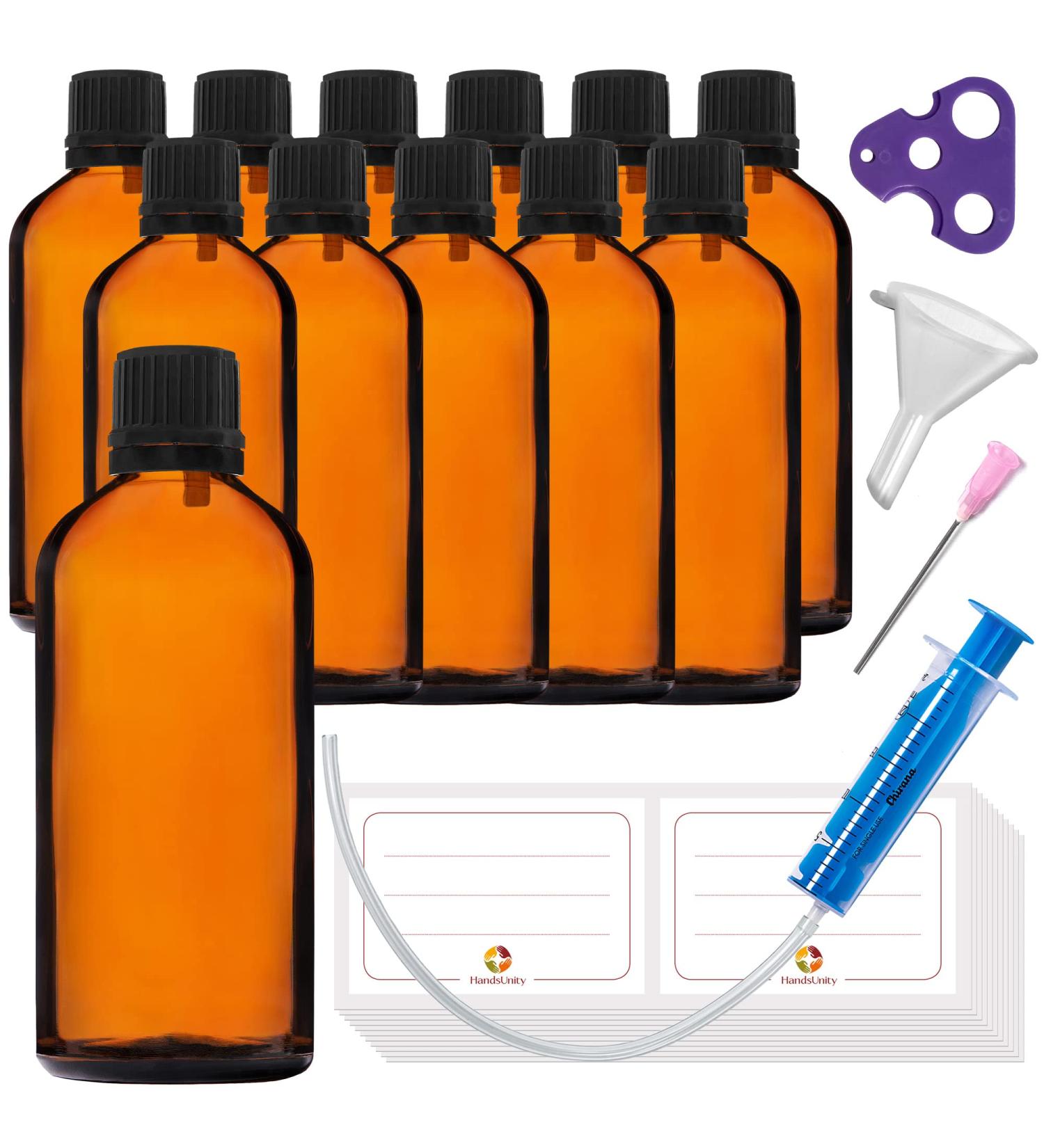 Handsunity 100ml-12Stk dropper insert Small amber glass bottle-pharmacy glass with black drop of dripping Closure from brown las set including 30 aids 100ml-12 pieces black cap