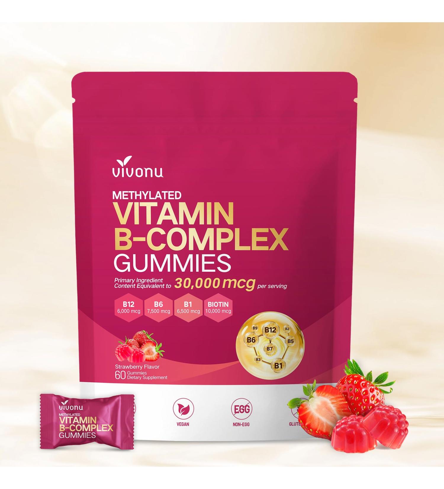 24-in-1 Vitamin B Complex Gummies, with Methylfolate, Methylated Vitamin B12 (6000 mcg), B6 B1, B2, B3, B5,A, C, D, E, Support Energy, Natural Ingredient, Sugar Free, Non GMO 1 Bag / 60 Gummies - Buy Online on GoSupps.com