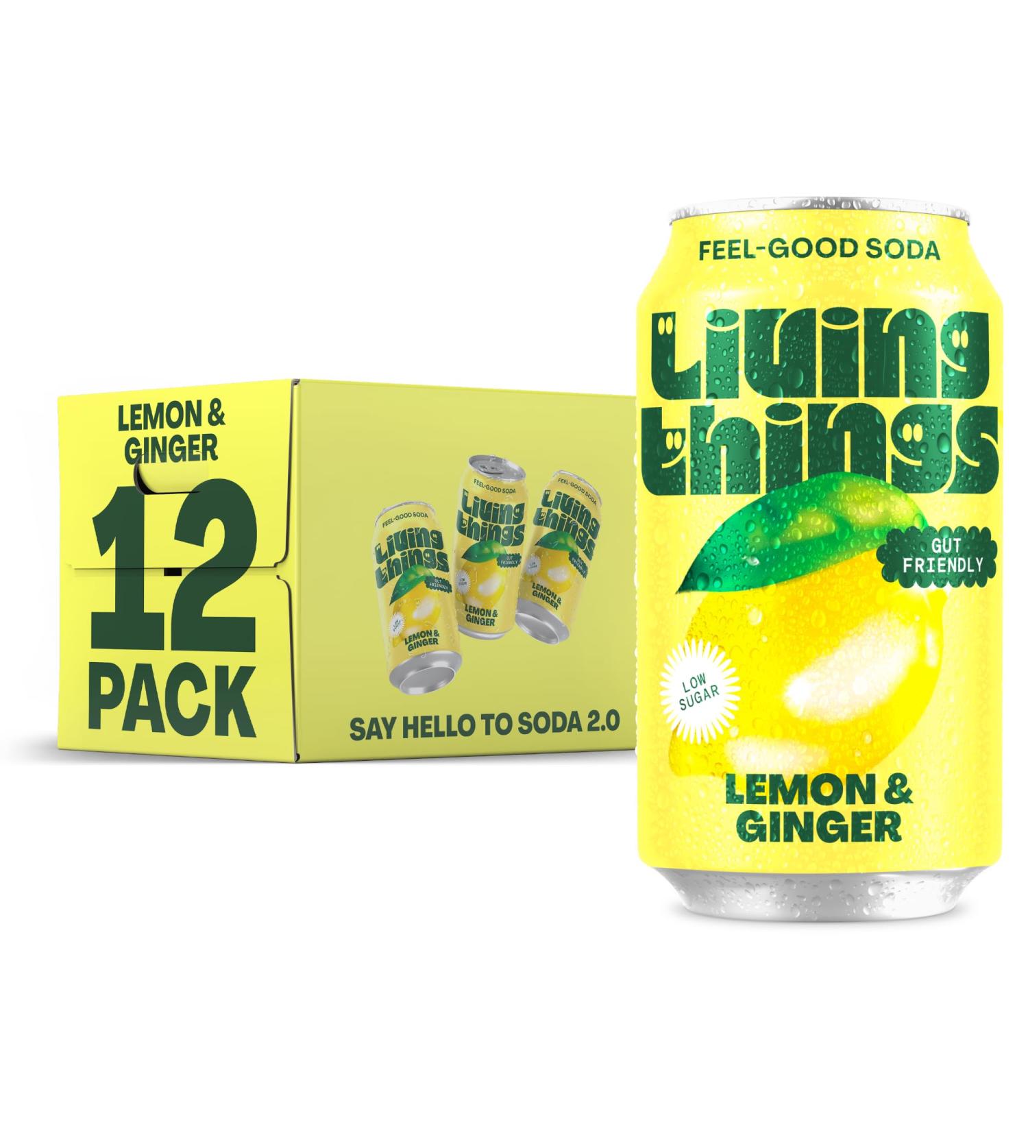 Living Things Prebiotic Soda - Gut Health Drink - Low Calorie High Fiber Lemon & Ginger - 12x330ml Cans - Buy Online on GoSupps.com