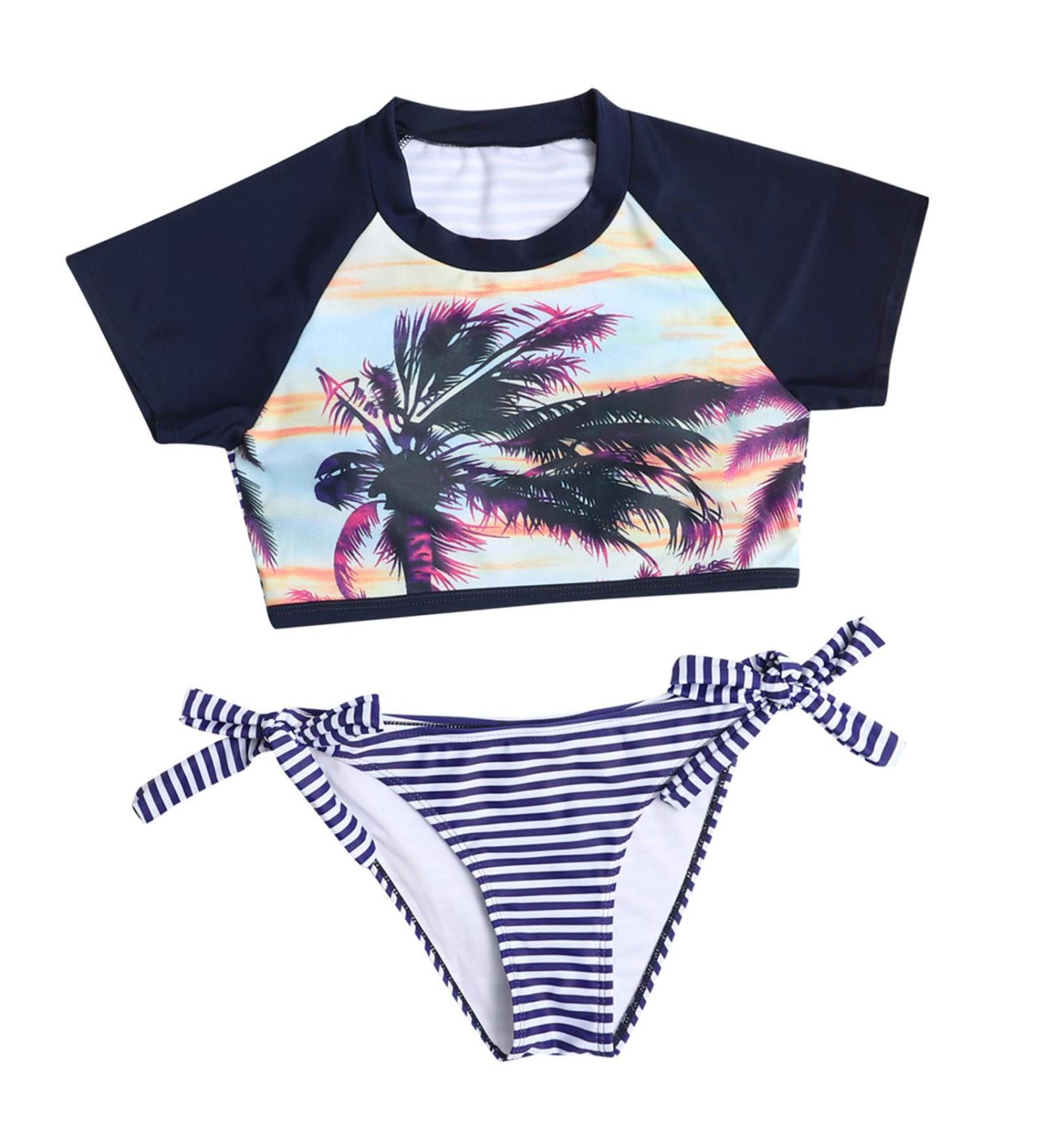 TUNUSKAT Women's 2 Piece Swimsuit Set - Color Block Graphic Tee Crop Top with Bow Striped Shorts Bikini in Blue - Size Medium - Buy Online on GoSupps.com