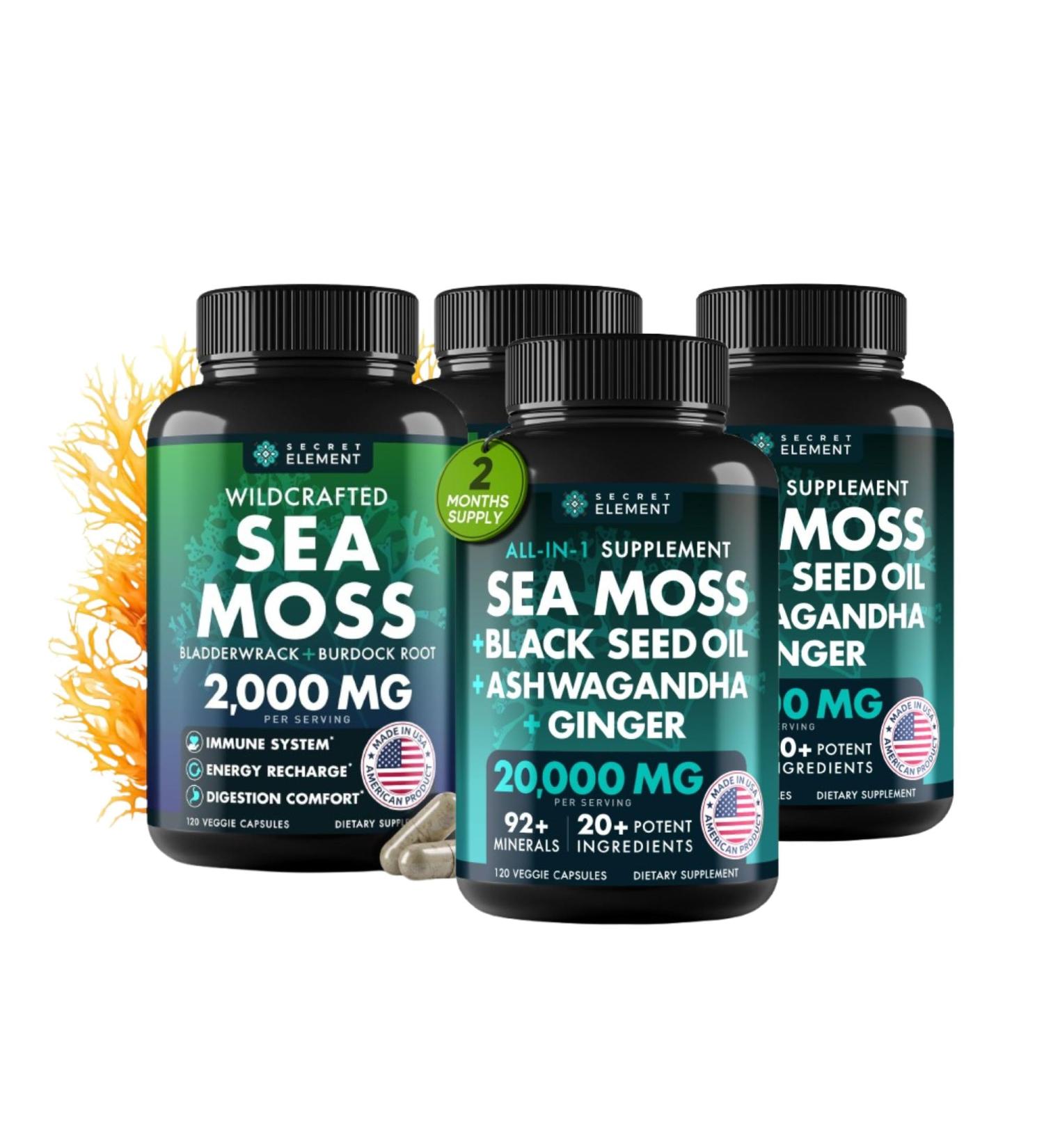 Sea Moss Bundle Wildcrafted Irish Sea Moss Capsules with Burdock Root Bladderwrack Muira Puama + Seamoss Black Seed Oil Ashwagandha & Ginger 480 Vegan Capsules - Buy Online on GoSupps.com