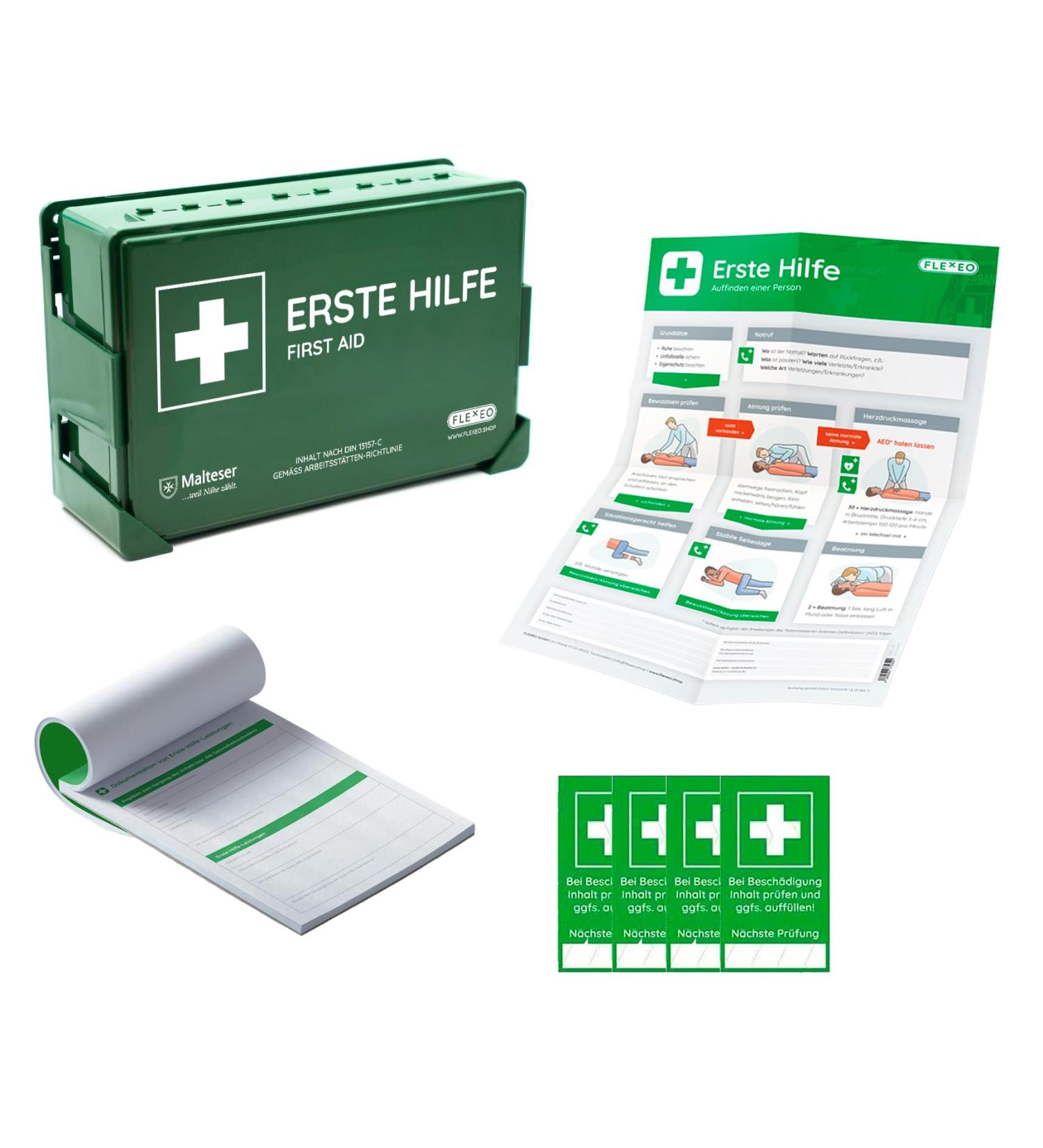 Complete DIN 13157:2021 First Aid Package - Basic Plus with Wall Bracket Registration Block Guide & Seal Sticker - Ideal for Company Associations - Buy Online on GoSupps.com