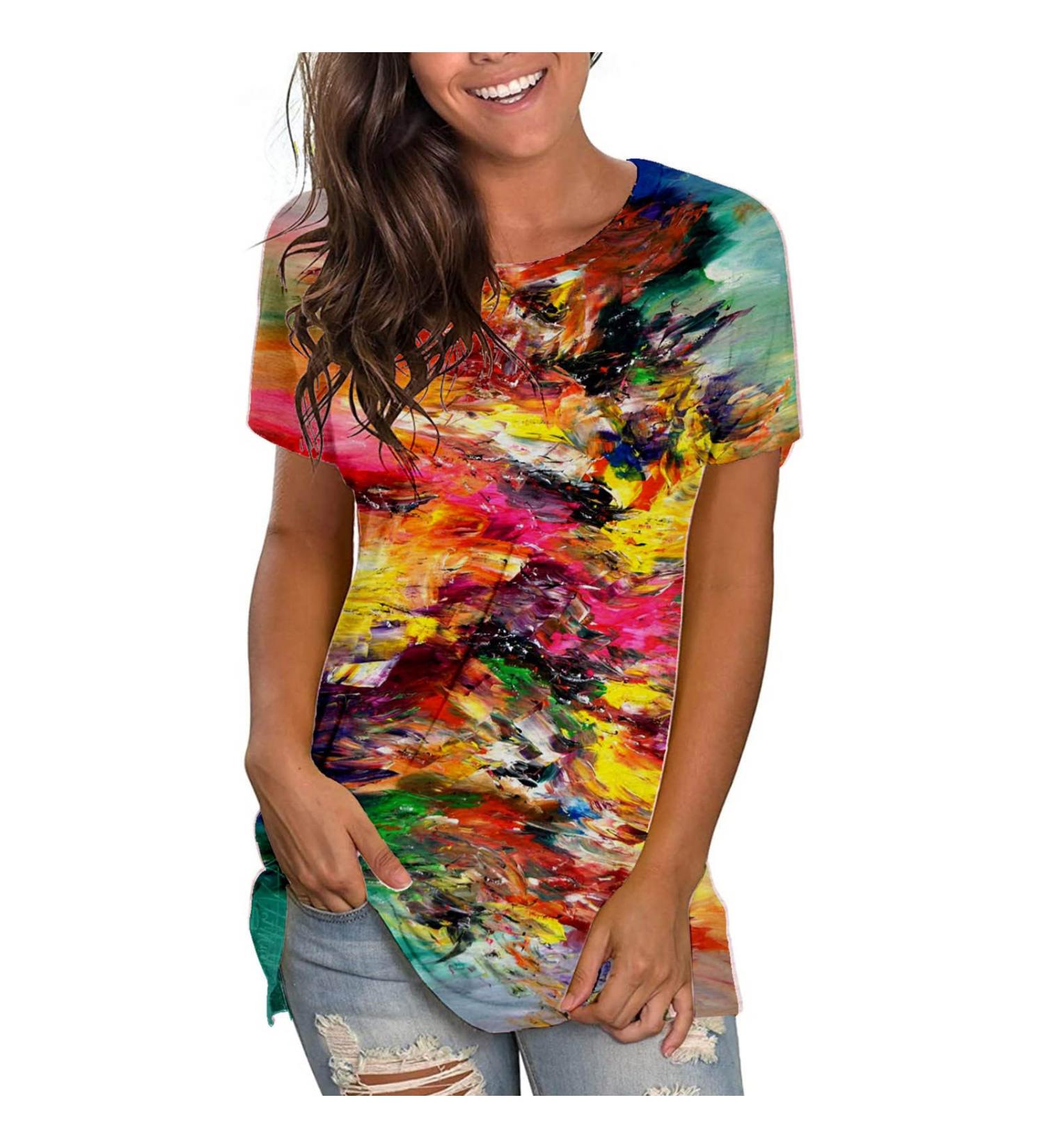 Plus Size Tie Dye Printed Short Sleeve T-Shirt for Women - Crew Neck Graphic Tee - Casual Loose Fit Blouse - Medium, Multicolor - Buy Online on GoSupps.com