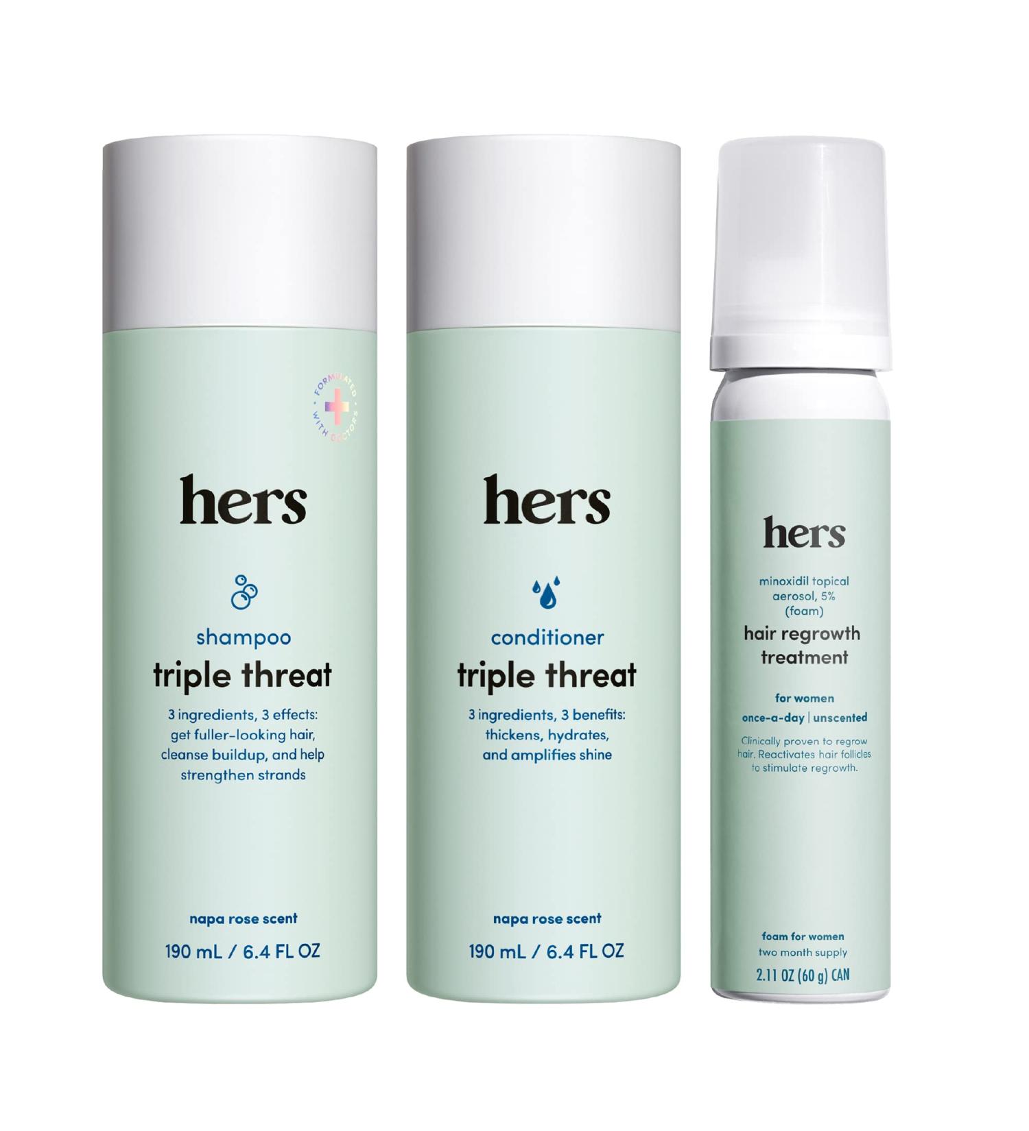Hers Thick Fix Shampoo Conditioner & Minoxidil Set for Women - Hair Loss Treatment with Foam 5% Minoxidil - Color Safe Hair Thickening - 3 Count - Buy Online on GoSupps.com