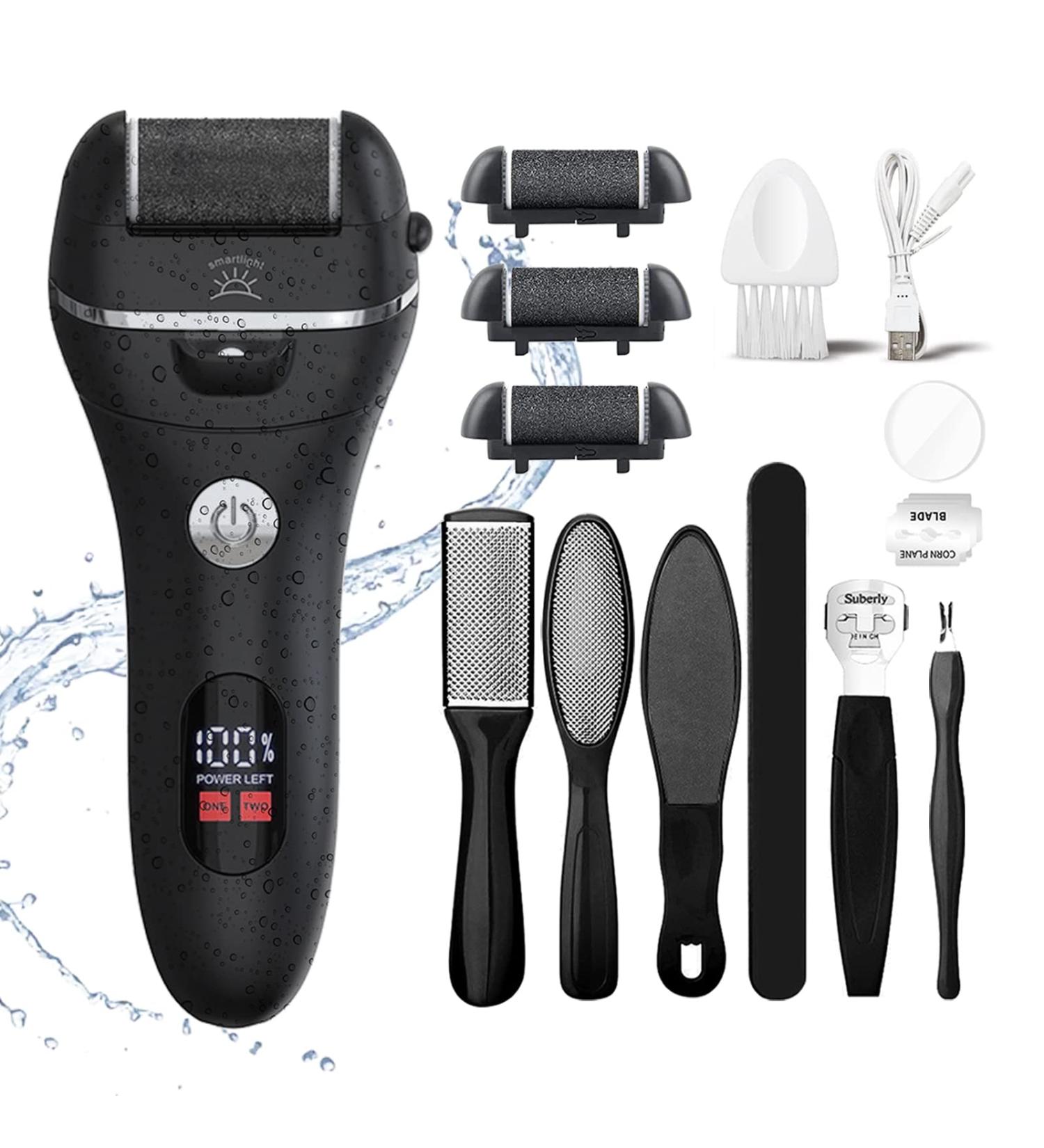 Electric Foot File Callus Remover - Rechargeable & Waterproof with Pedicure Kit - 3 Roller Heads, 2 Speeds - Black (Pack of 14) - Buy Online on GoSupps.com