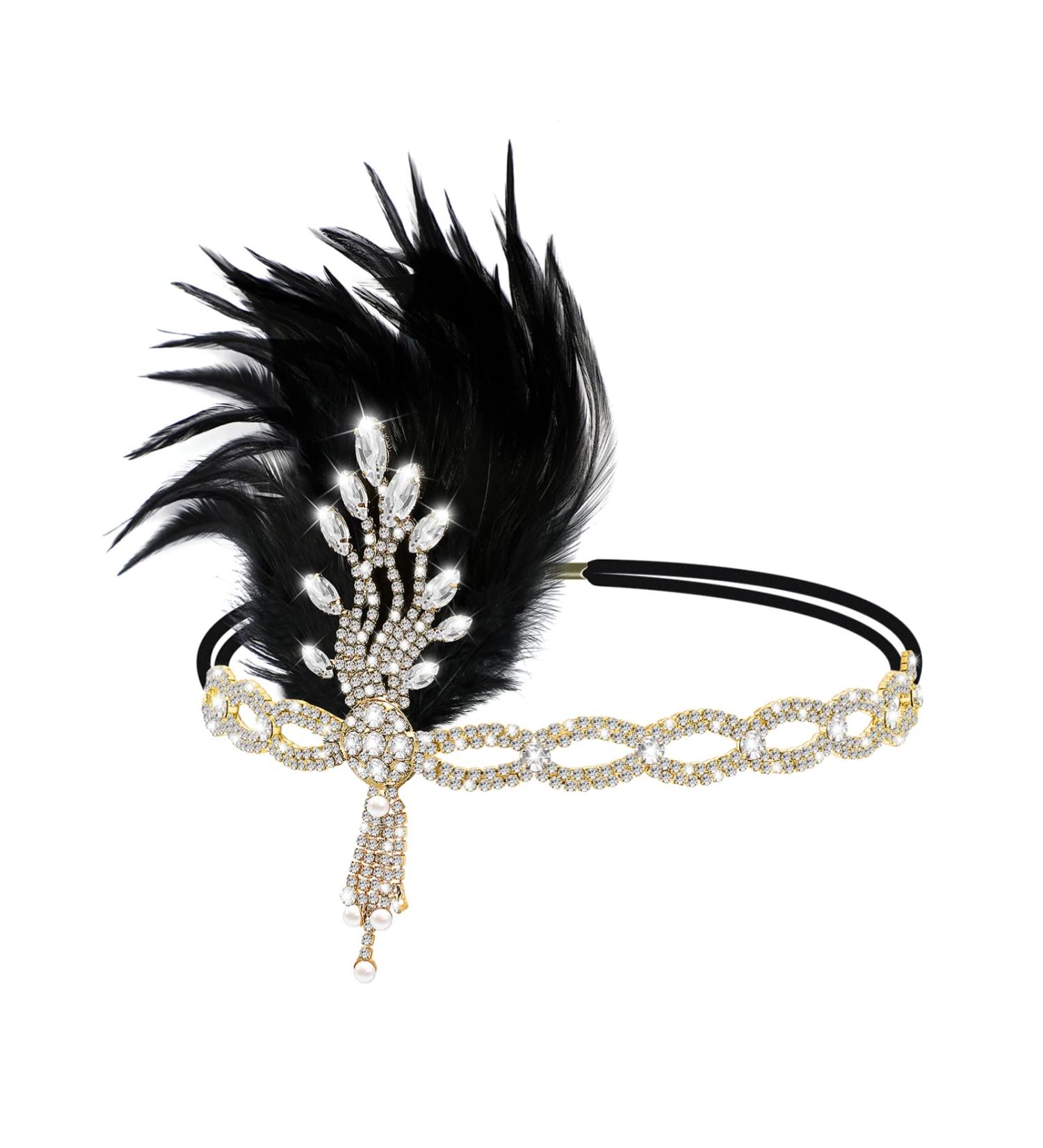 FRCOLOR 1920s Headband Crystal Feather Flapper Headpiece Roaring 20s Halloween Accessories for Women Black One Size - Buy Online on GoSupps.com