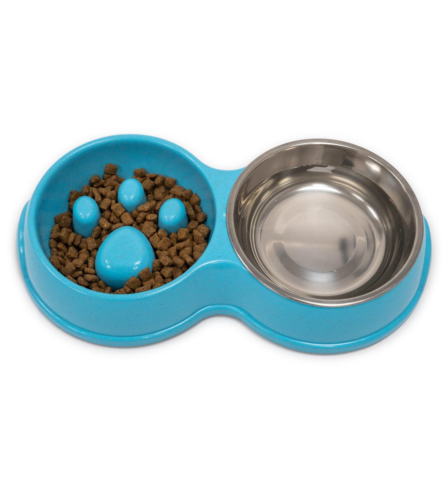 Double Slow Feeder Dog Bowl | Raised Non-Slip Stainless Steel Cat Food & Water Bowl | Detachable Blue Cat Bowl - Buy Online on GoSupps.com