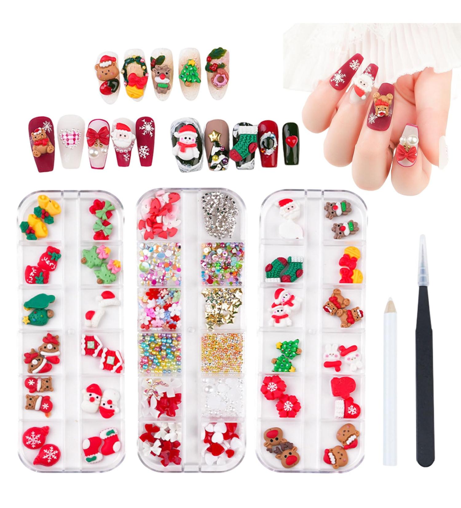 Christmas Nail Charms 3 Boxes Cute Snowman Santa Claus Xmas Tree Elk Bells 3D Christmas Nail Art Charms Flower Heart Bow Nail Rhinestones Pearls Caviar Beads Nail Studs with Tweezer & Picker Pen - Buy Online on GoSupps.com