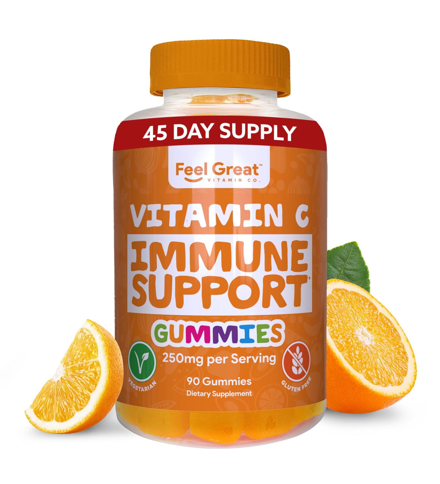 Feel Great Vitamin Co. Vitamin C Gummies | 90 Orange Flavored Immunity Support Gummies | Plant-Based Fruit Pectin for Adults & Kids - Buy Online on GoSupps.com