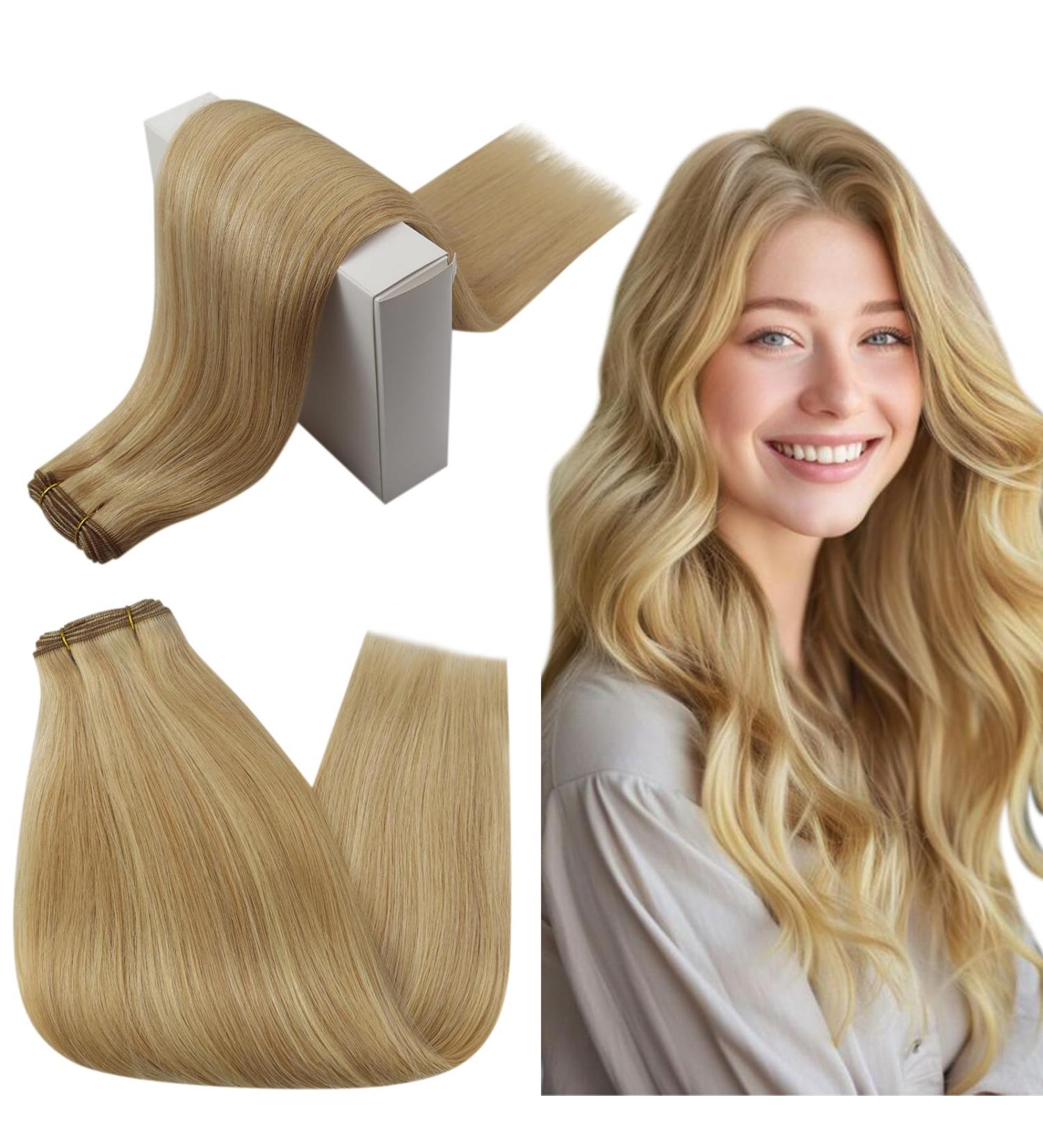 Runature Real Hair Extensions - 55cm Gold Blonde Highlight Tress for Sewing | 100g Light Blonde Human Hair Treats #16P24 - Buy Online on GoSupps.com