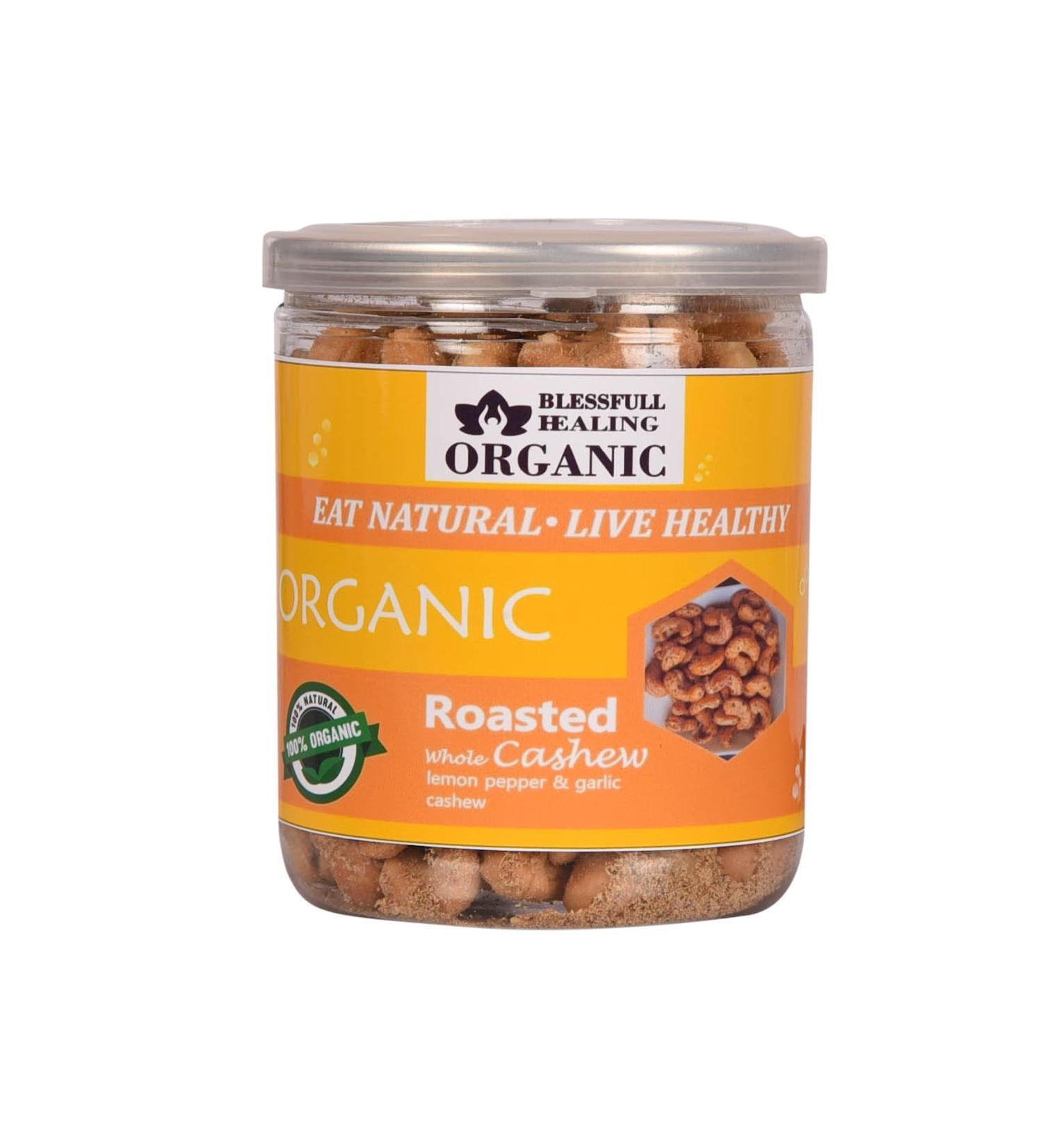 Blessfull Healing Organic Natural Vegan Lemon Pepper & Garlic Roasted Whole Cashew Nuts Crunchy Kaju 300 Gram - Buy Online on GoSupps.com