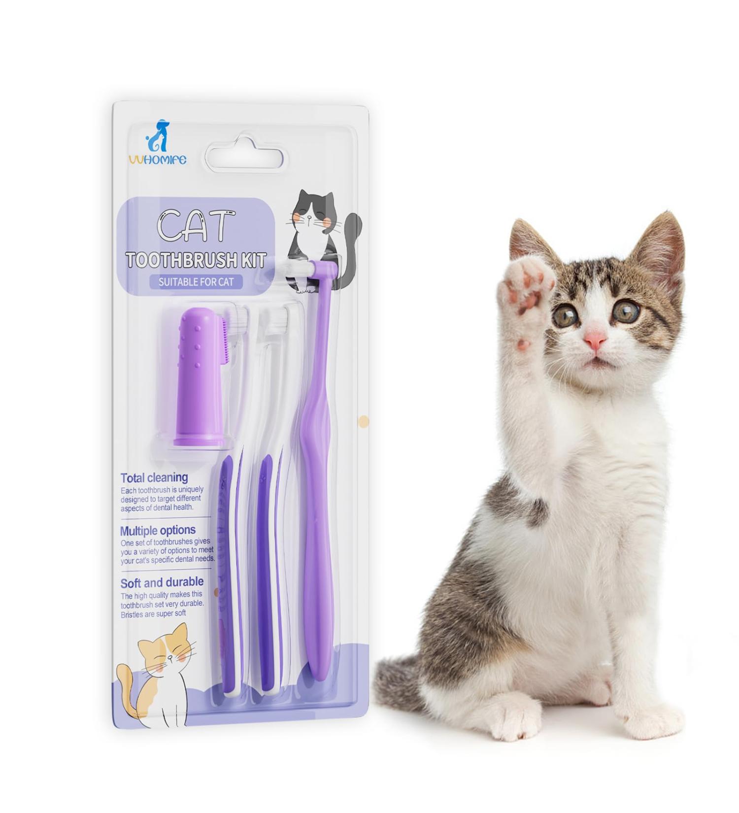 VVHOMIFE Cat Toothbrush Complete Kitty Dental Care Kit with Teeth Whitening Tracker - Premium Brushes for Cats Easy Oral Hygiene & Gap Cleaning-cat - Buy Online on GoSupps.com