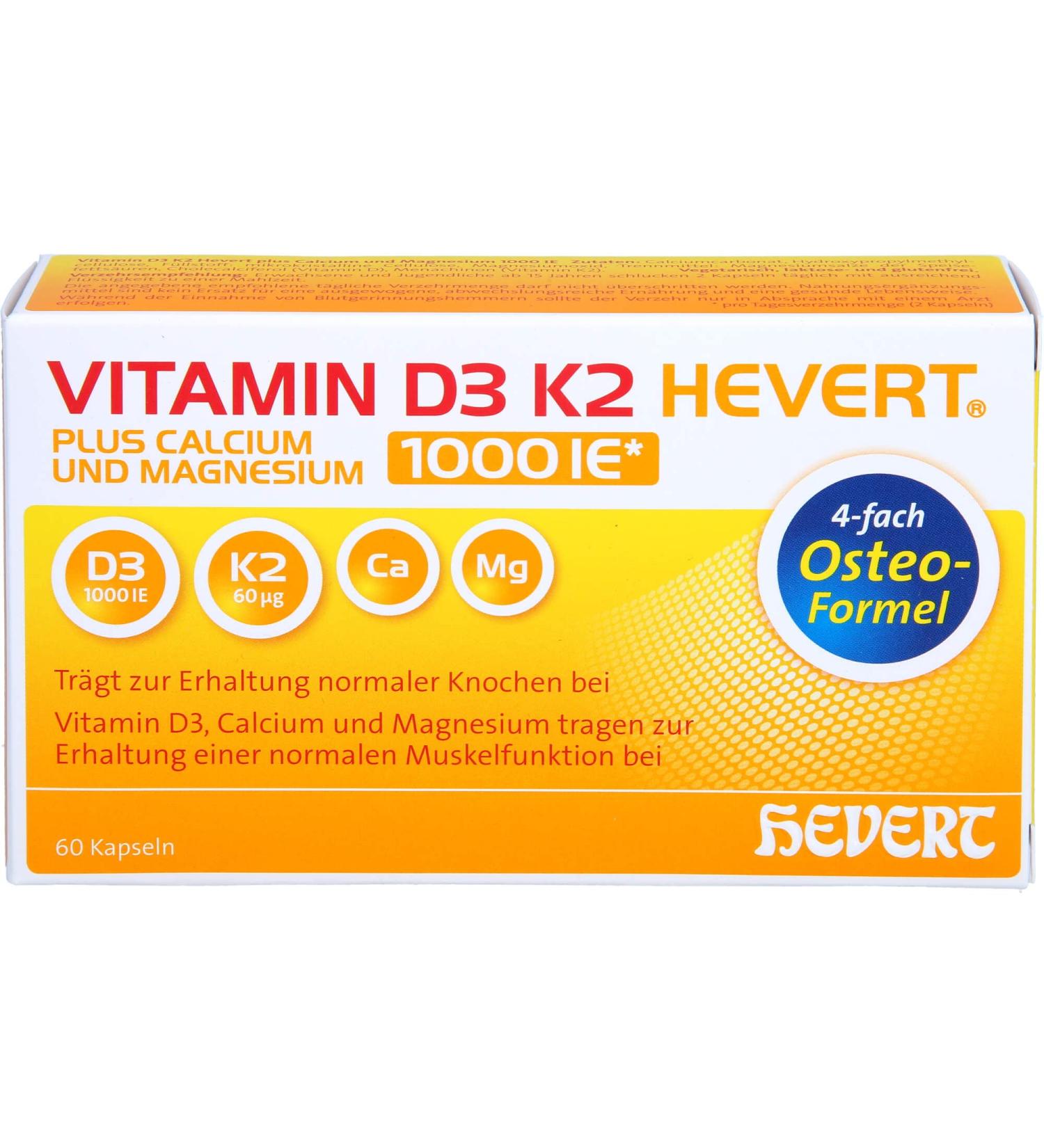 Vitamin D3 K2 Hevert with Calcium & Magnesium - 1000 IU - 60 Capsules for Optimal Bone Health - Buy Online on GoSupps.com