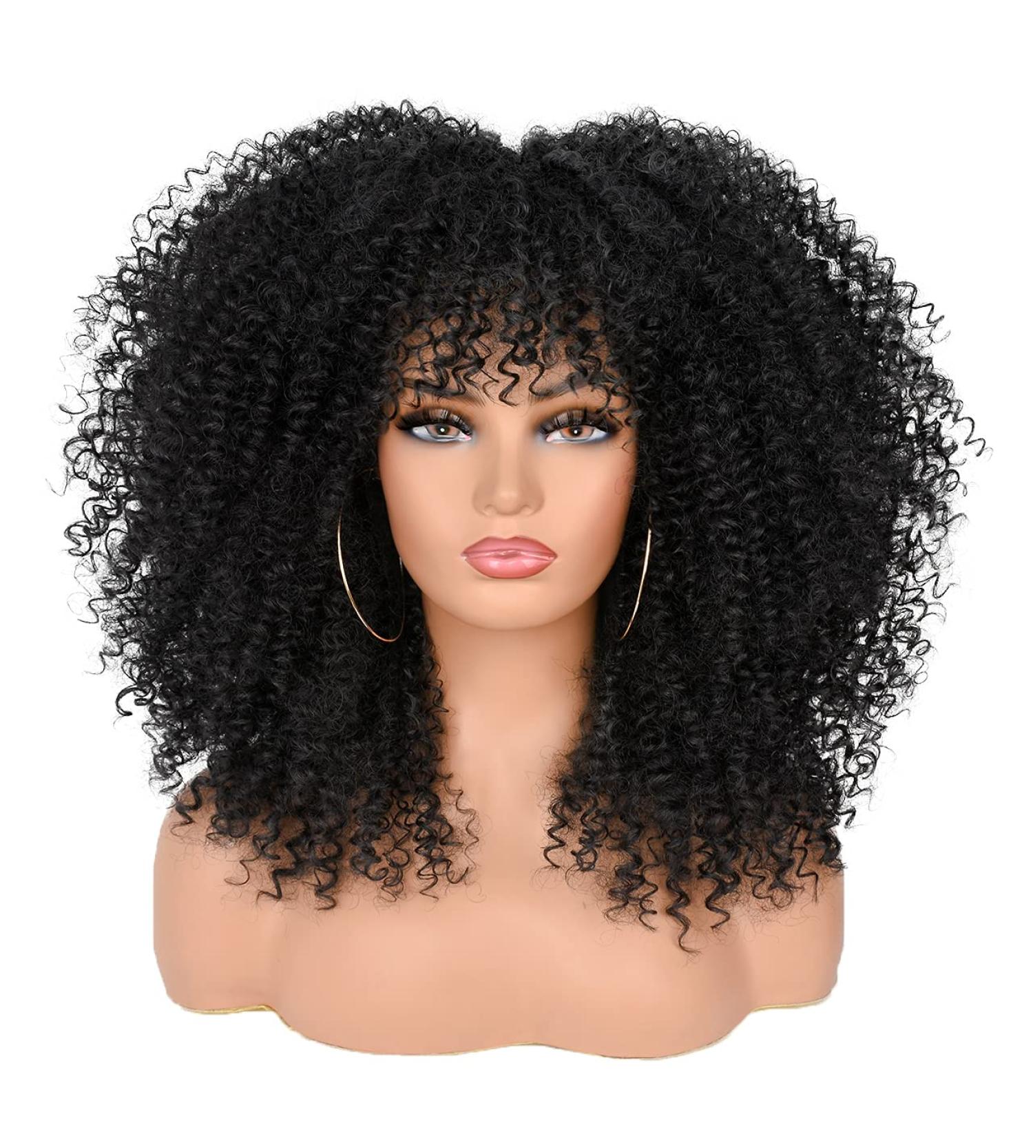 ANNISOUL 16 Curly Wig for Black Women | Synthetic Fiber Glueless Long Kinky Curly Hair 16 Inch Black Afro Bomb Wig with Bangs - Buy Online on GoSupps.com