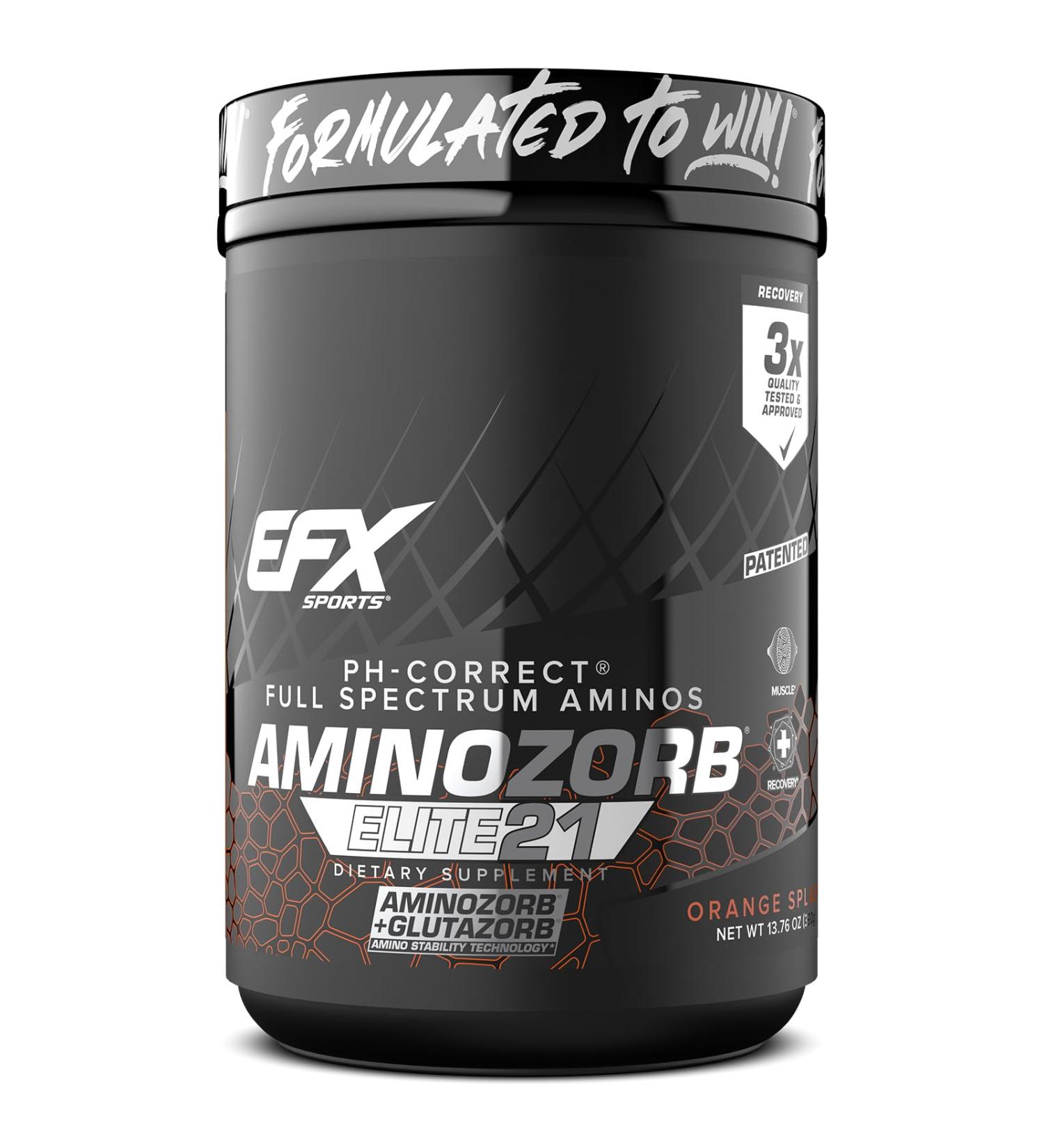 EFX Sports Aminozorb Elite 21 | PH-Correct, Full Spectrum Aminos + Glutamine | Essential & Non Essential Aminos | Zero Sugars | 30 Servings (Orange Splash) - Buy Online on GoSupps.com