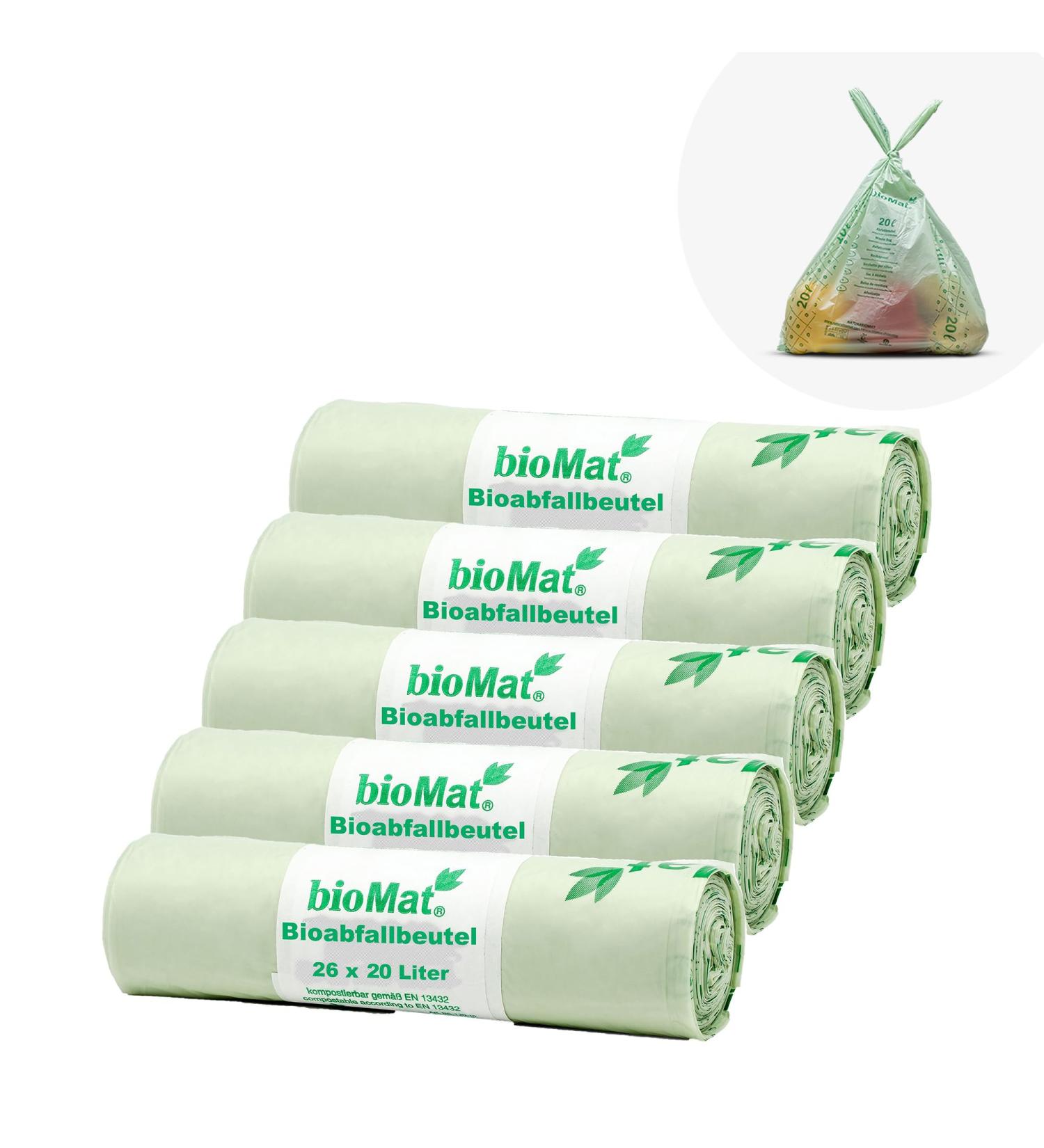 Biomat Compostable 20L Organic Waste Bags with Handle - 130 Premium Quality Bags DINPlus Certified Climate-Neutral Made in Germany (5 Pack) - Buy Online on GoSupps.com