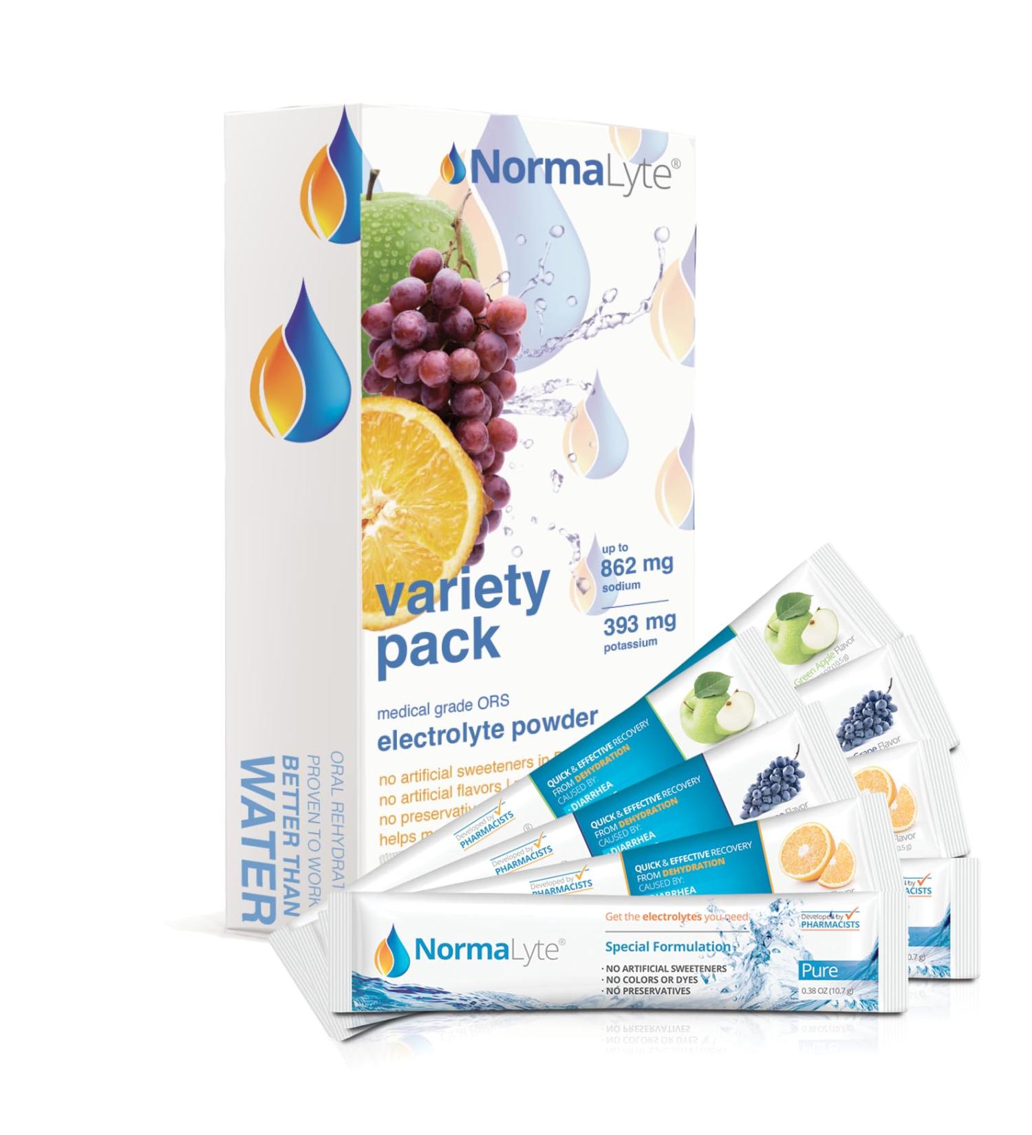 NormaLyte Oral Rehydration Salts - 8 Pack (4 Flavours) | Vegan Electrolyte Powder Potassium Supplements for Dehydration Relief - Buy Online on GoSupps.com