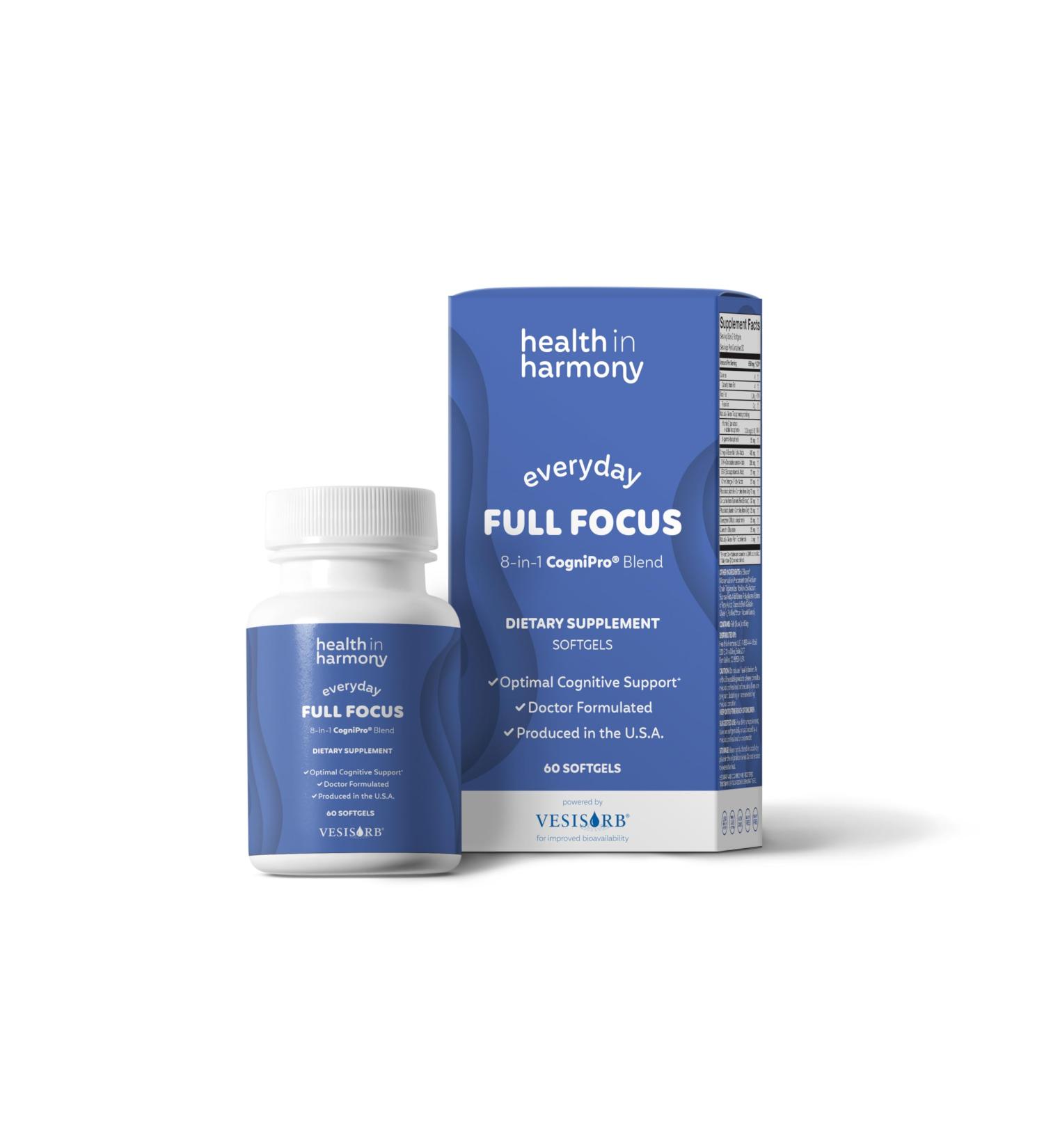 HEALTH IN HARMONY Everyday Full Focus - 8 Super Antioxidants for Cognitive Support (Omega-3 DHA Phosphatidylcholine & Phosphatidylserine) & utilizes VESIsorb (60 ct) - Buy Online on GoSupps.com