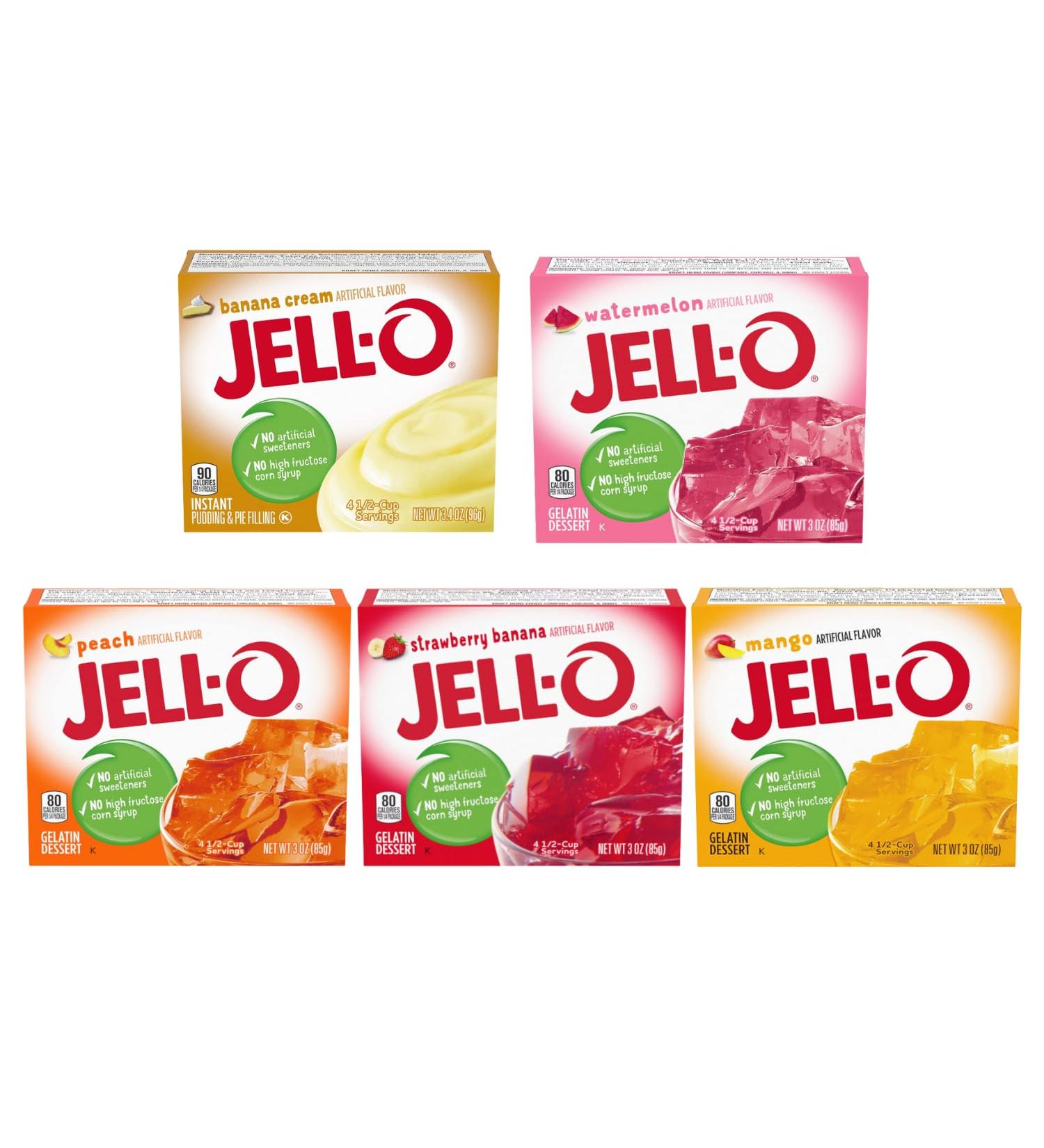 Jell-O Gelatin Powder | Pick N Mix | Create Custom Jelly Combo with 5 Available Flavours - Banana Cream Watermelon Strawberry Banana Peach and Mango | American Jelly | Pack of 4 85 g (Pack of 4) - Buy Online on GoSupps.com