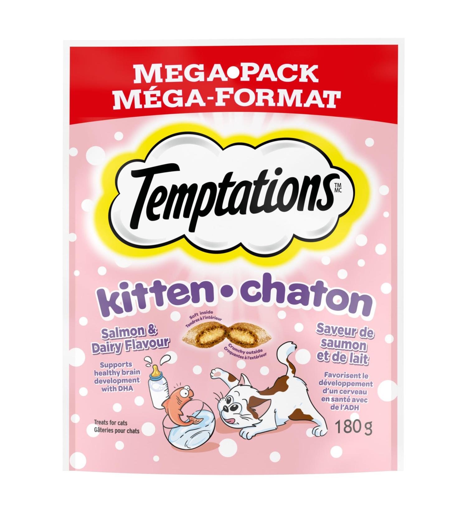Temptations Kitten Cat Treats Healthy Brain Development Salmon & Dairy Flavour Mega-Pack 180g Pouch 10 Pack - Buy Online on GoSupps.com
