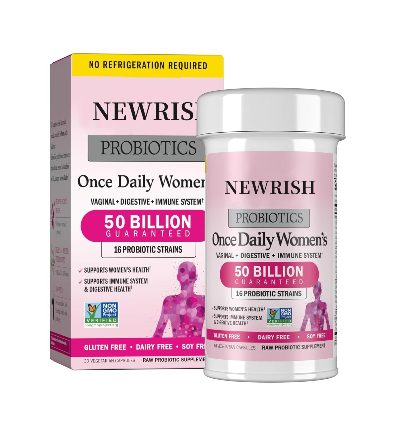 Newrish Women's Probiotic Complex 50 Billion CFU 16 Strains Organic Prebiotic Blend Vaginal & Gut Health Immune Boost Dairy Free Non-GMO 30 Capsules