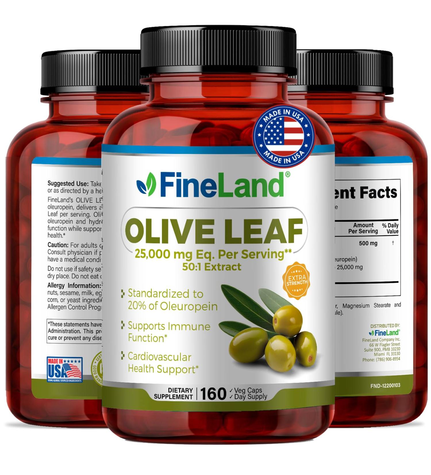 FineLand Olive Leaf Extract 50x 25 000mg Eq. per Serving | 160 Vegan Caps Olive Extract with 20% Oleuropein | Herbal Antioxidant Supplement for Circulatory and Immune Support Made in USA - Buy Online on GoSupps.com