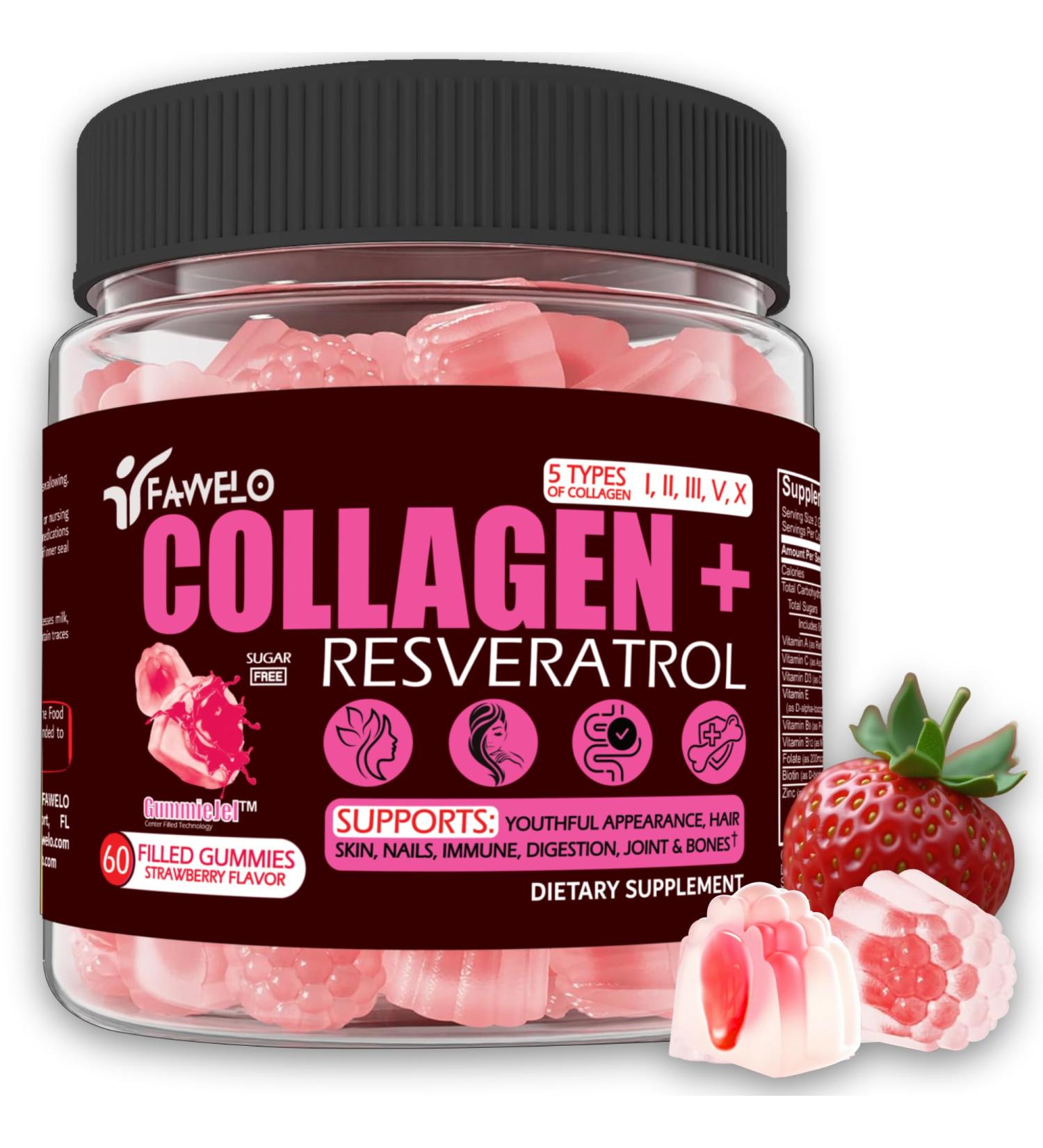 Multi Collagen Gummies Peptides Hydrolyzed Type I II III V X Plus Resveratrol Hyaluronic Acid & Biotin Gummies for Hair Skin and Nails Vitamins | Colageno Hidrolizado for Women & Men | Sugar Free - Buy Online on GoSupps.com