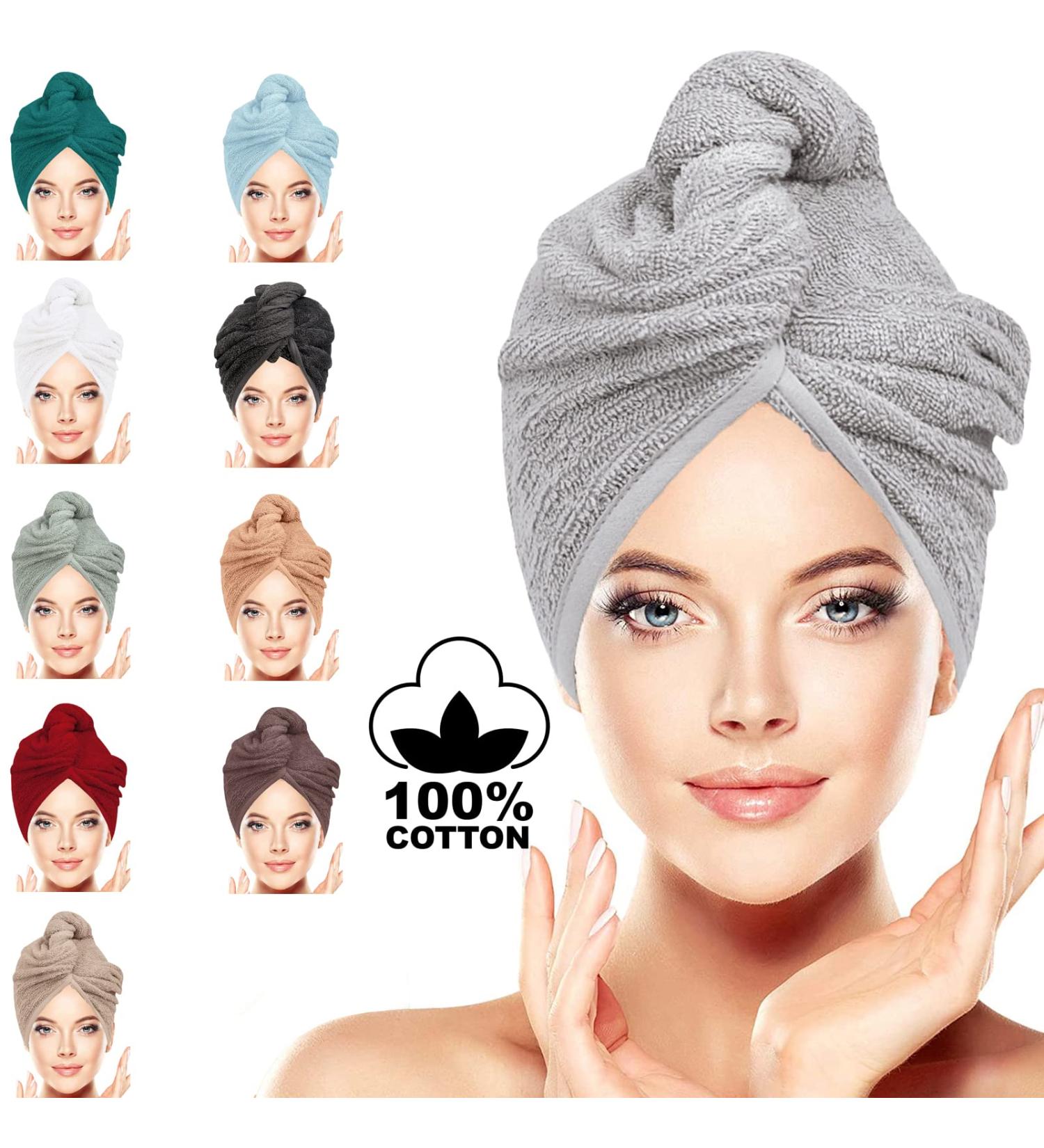 Bavin Luxury Quick Magic Hair Dryer Hat - 100% Cotton Water Absorbent Turban Cap with Loop & Button Closure - 62x23cm - Silver - Ideal for Fast Drying Hair - Buy Online on GoSupps.com