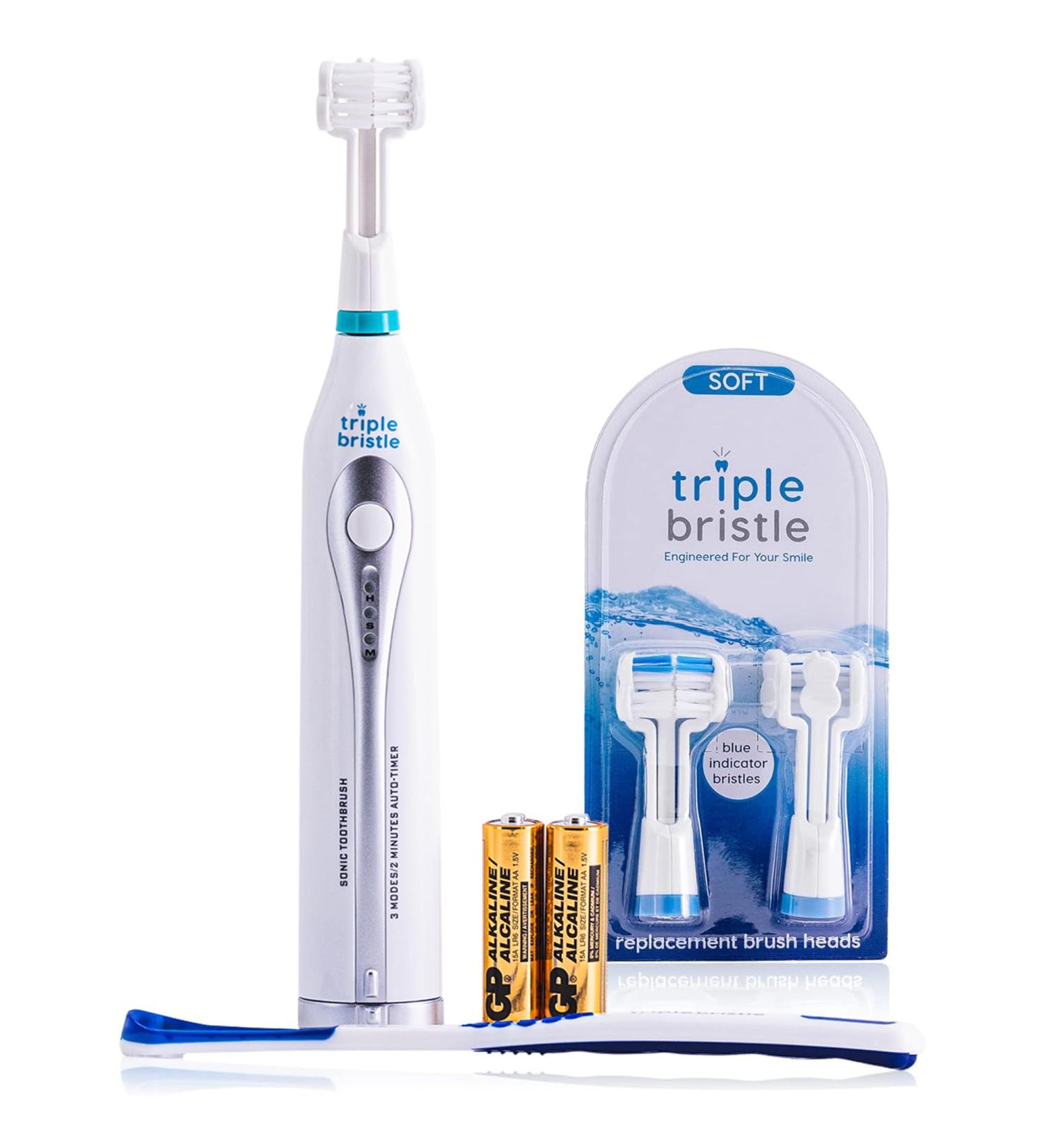 Triple Bristle Sonic GO Travel Toothbrush with Blue Brush Head Replacements - 3-Sided Toothbrush for Superior Cleaning - Buy Online on GoSupps.com