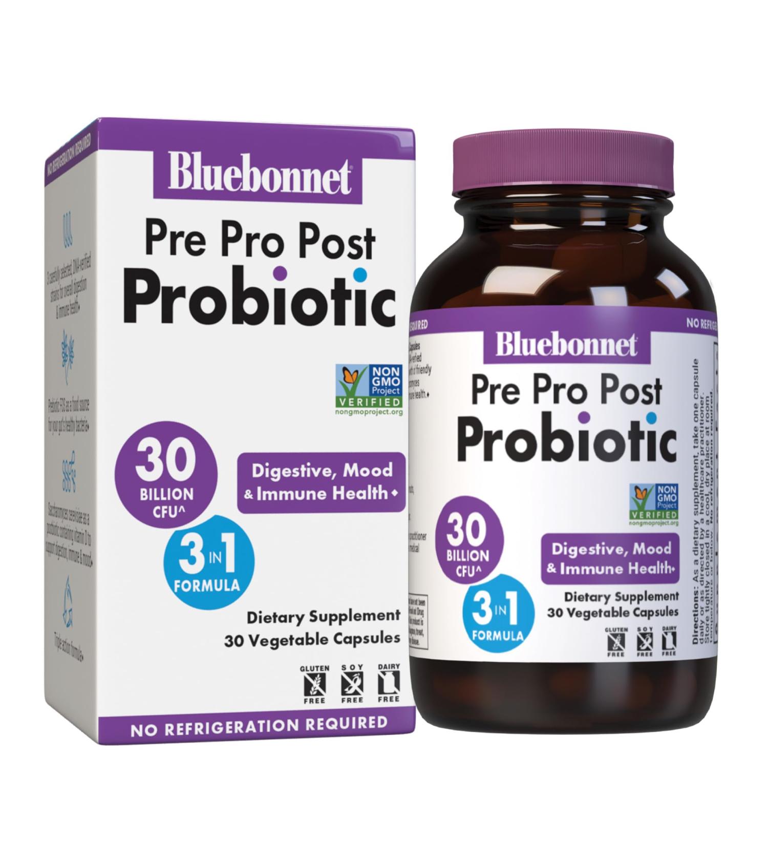 BlueBonnet Nutrition Pre Pro Post Probiotic 30 Billion CFU Shelf Stable for Women & Men Digestion, Gut, Mood, Immune* - Free of Dairy, Gluten & Soy - Non-GMO - 30 Vegetable Capsules, 30 Servings - Buy Online on GoSupps.com
