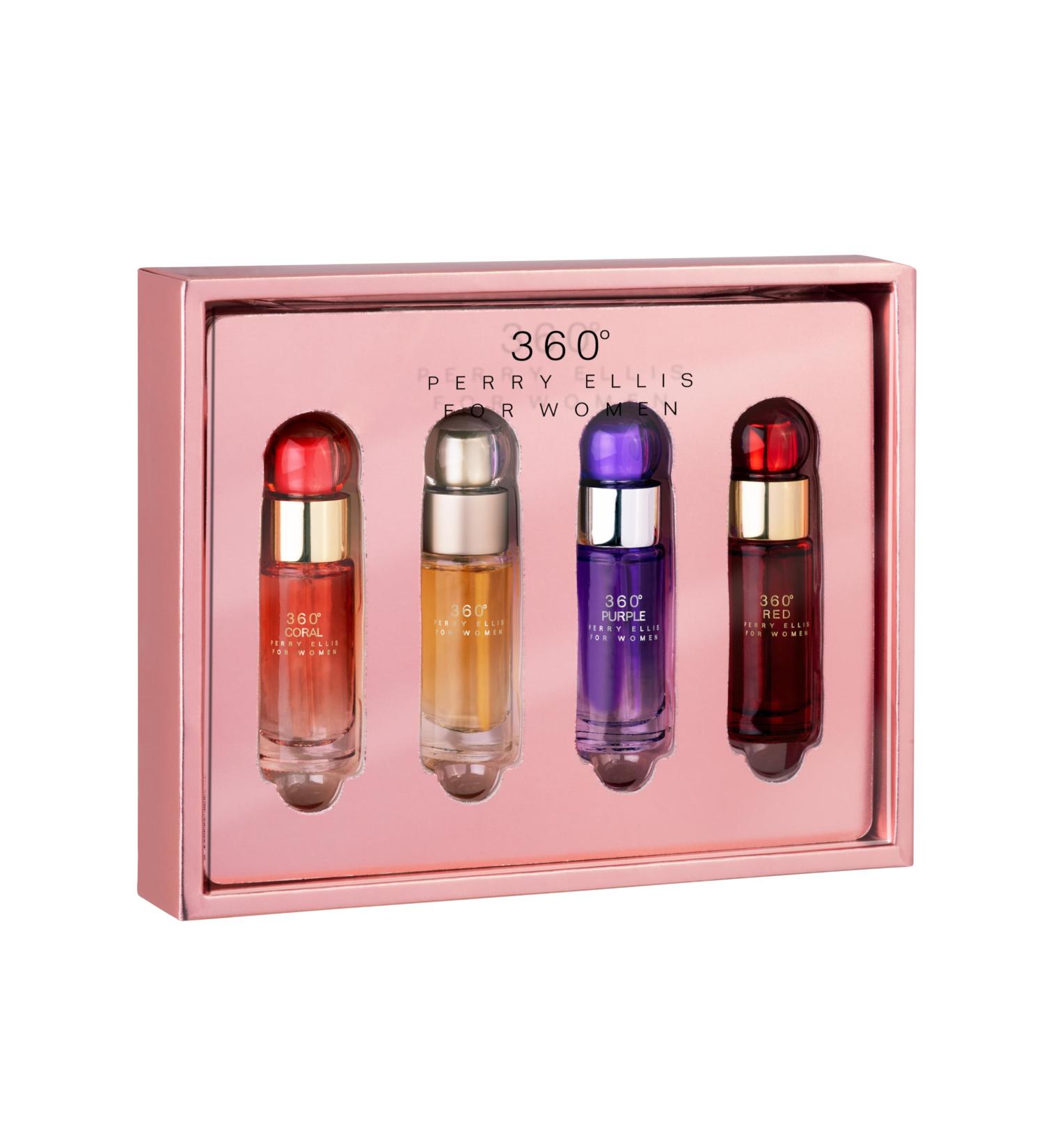Perry Ellis 360 Women mini gift set - 4-pack of .25 fl oz EDP travel sprays (360 Women 360 Coral 360 Purple 360 Red) - Buy Online on GoSupps.com