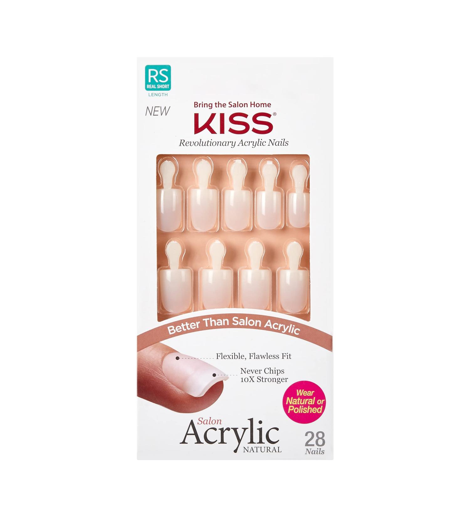 KISS Salon Acrylic Natural Nails DIY Manicure Kit - Brief Encounter, Real Short, Ultra-Smooth Finish | Pink Gel Glue, Mini File, Manicure Stick, 28 Nails - Buy Online on GoSupps.com