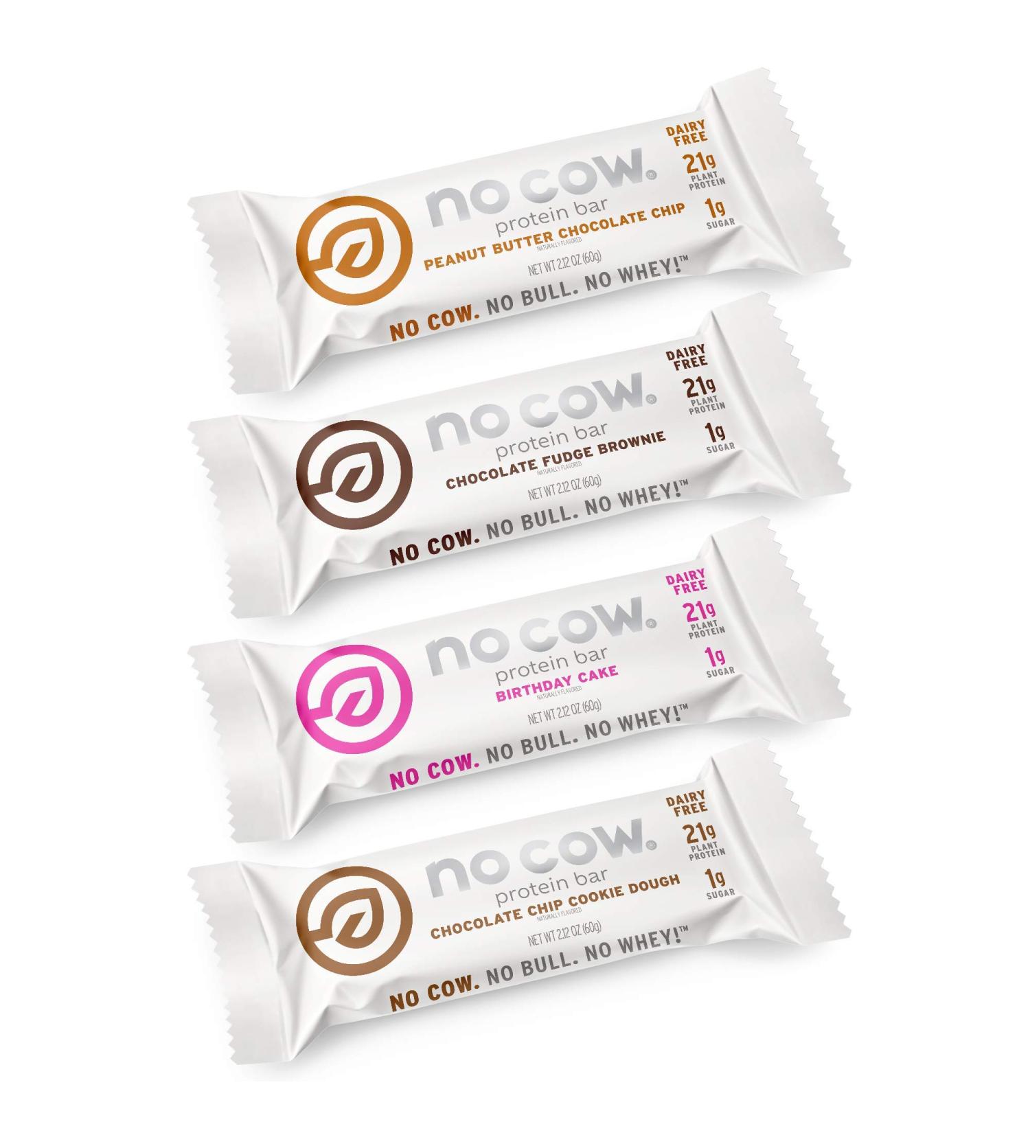 No Cow High Protein Bars Trial Pack - Best Sellers | 20g+ Plant Based Vegan Protein | Keto-Friendly, Low Sugar, Low Carb, Low Calorie | Gluten-Free, Dairy-Free, Non-GMO | Kosher | 4 Pack - Buy Online on GoSupps.com