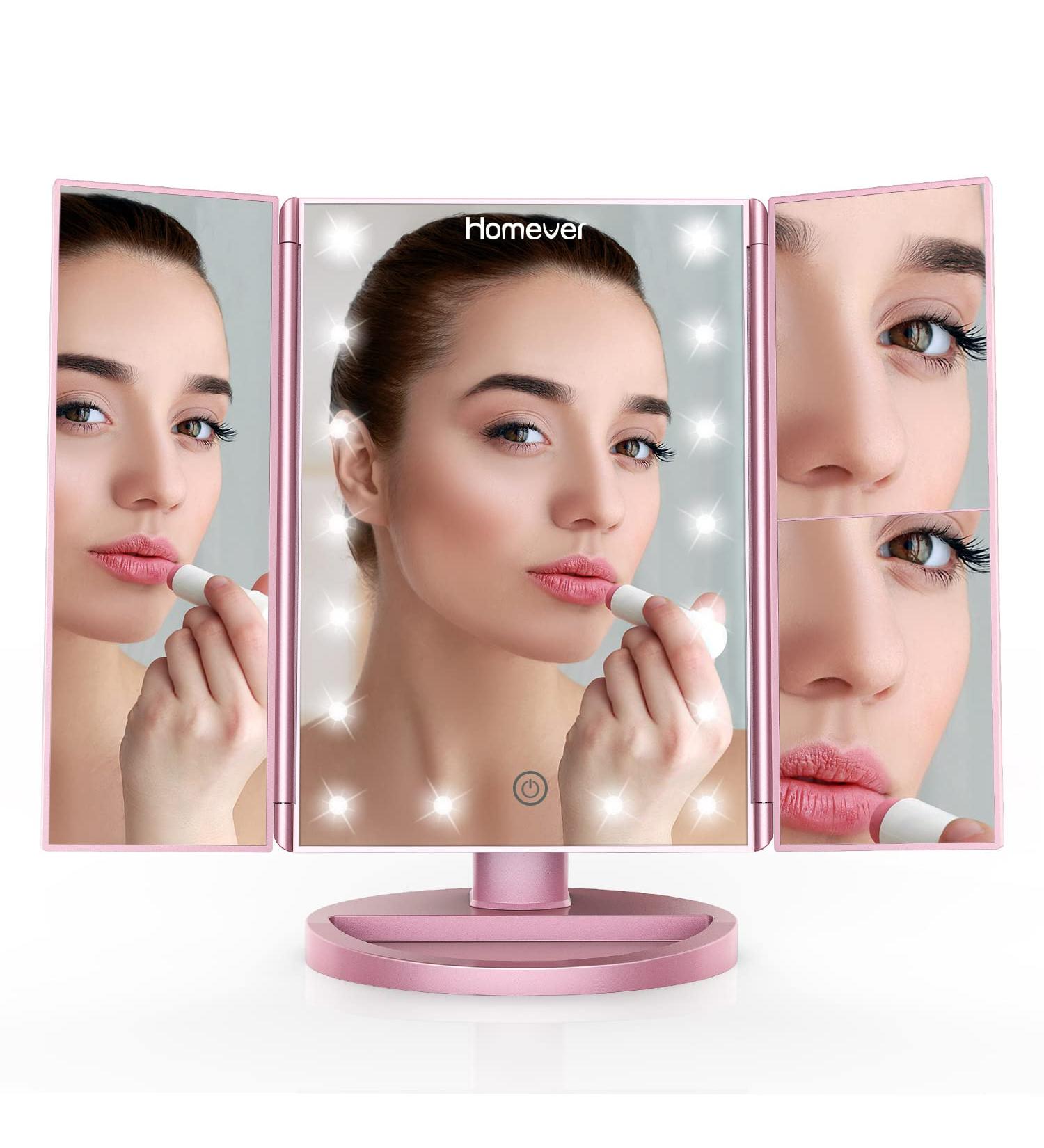 Homever Vanity Mirror with Lights - 21 Led Trifold Makeup Mirror - Touch Screen, 3X/2X/1X Magnification - 180 Rotation, Dual Power Supply - Lighted Makeup Mirror, Pink - Buy Online on GoSupps.com