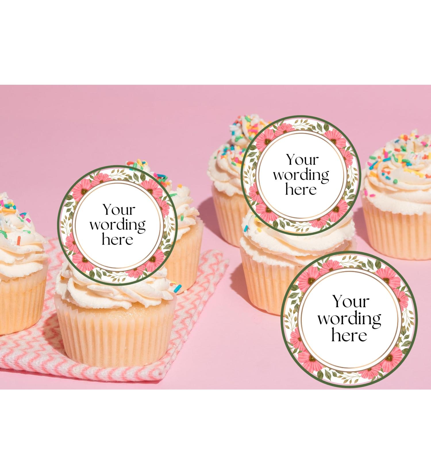 20 x EDIBLE PERSONALISED floral cupcake toppers wafer/icing uncut Retirement/Hen/Baby Shower/Birthday (WAFER PAPER) Rice Paper