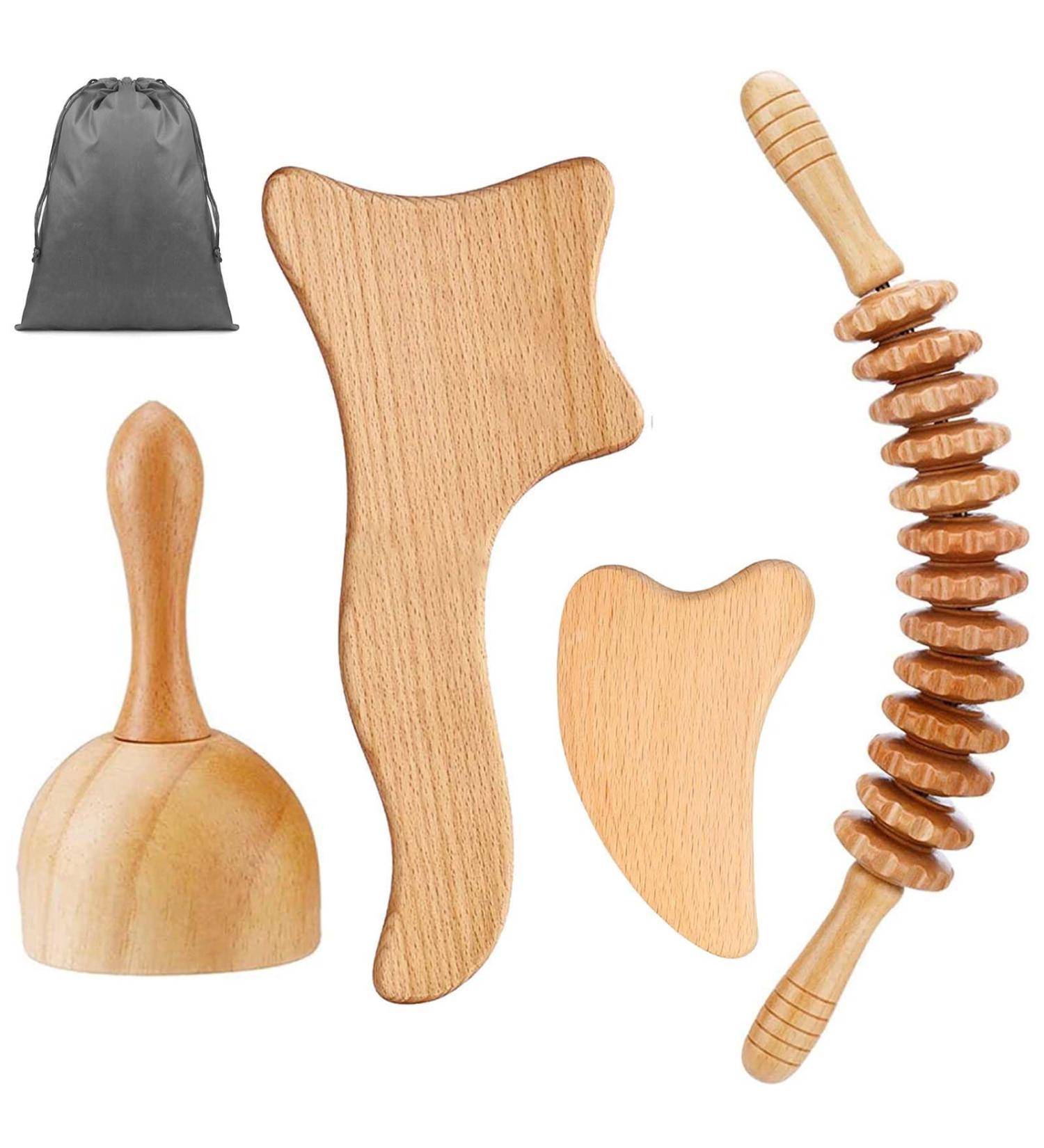 4-Piece Gua Sha Set & Wood Massage Roller for Pain Relief & Relaxation | Perfect for Neck Legs Eyes & Back - Buy Online on GoSupps.com