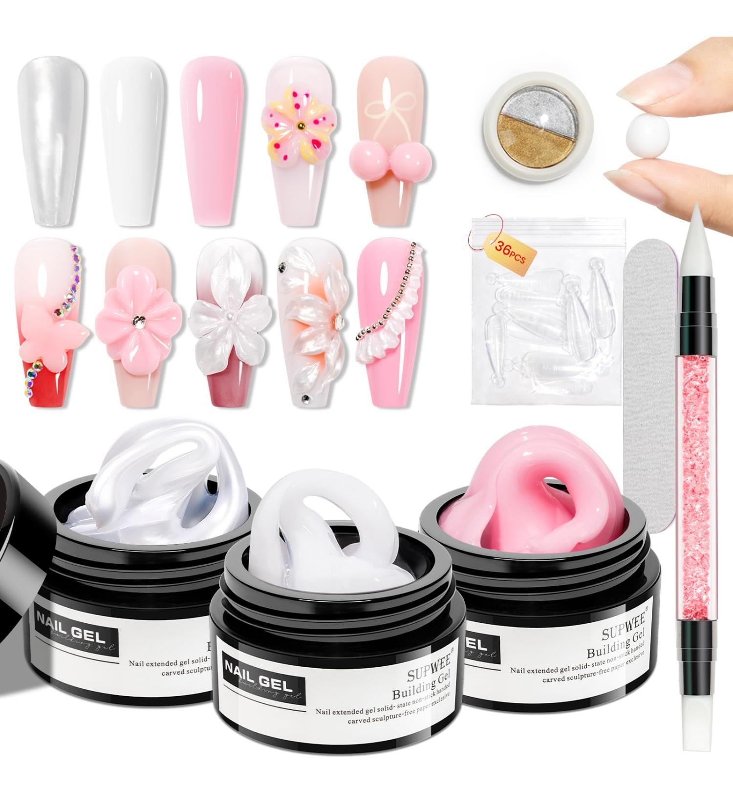  SUPWEE Solid 3D Gel Nail Extension Kit with Chrome Powder - Pearly Pink White - Self-Adhesive Sculpting - For DIY 3D Nail Art - Home Use - 14g - Buy Online on GoSupps.com