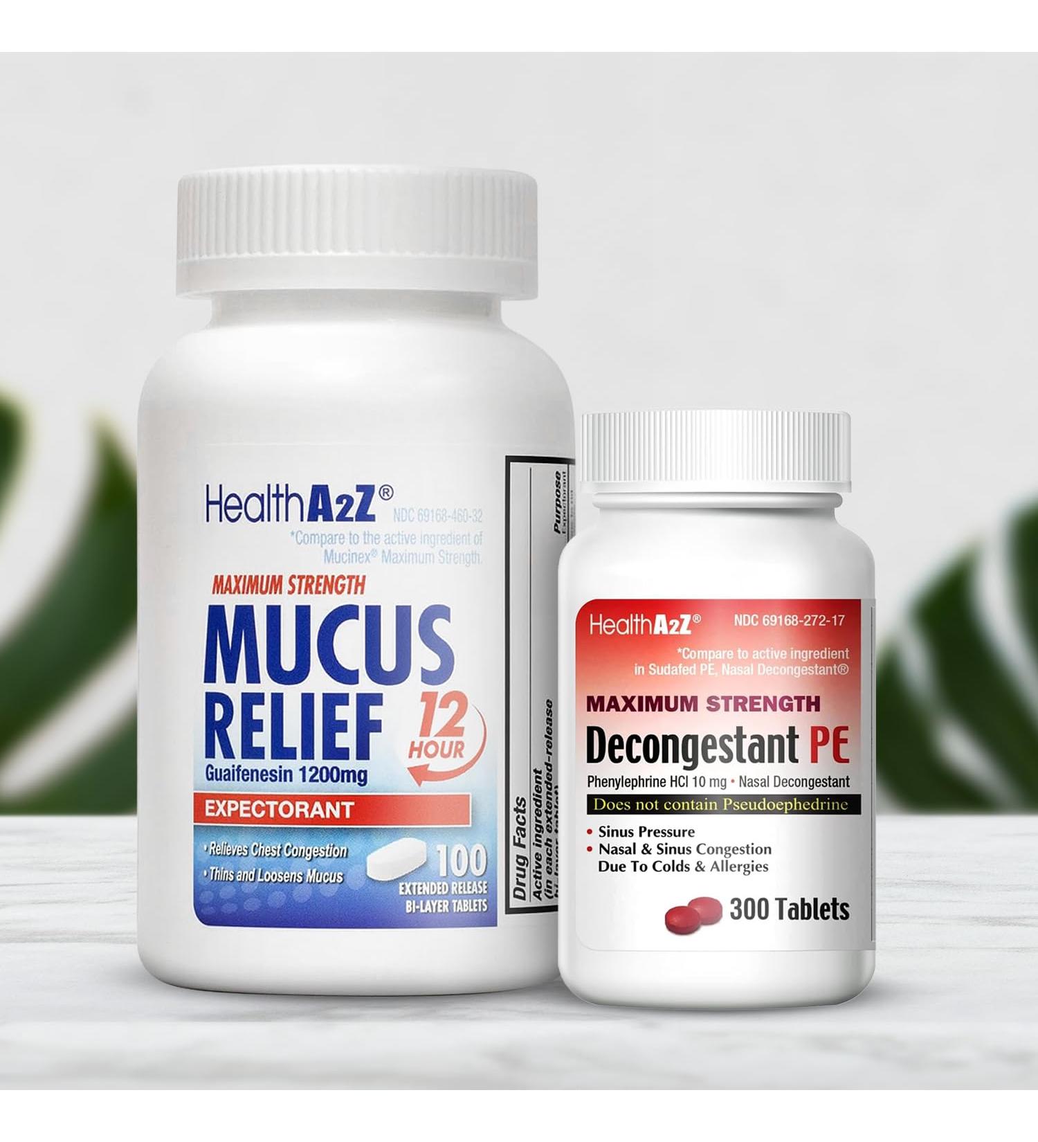 HealthA2Z Decongestant PE & Mucus Relief Maximum Strength | Phenylephrine HCl 10mg 300 Tablets | Guaifenesin 1200mg 100 Tablets - Buy Online on GoSupps.com