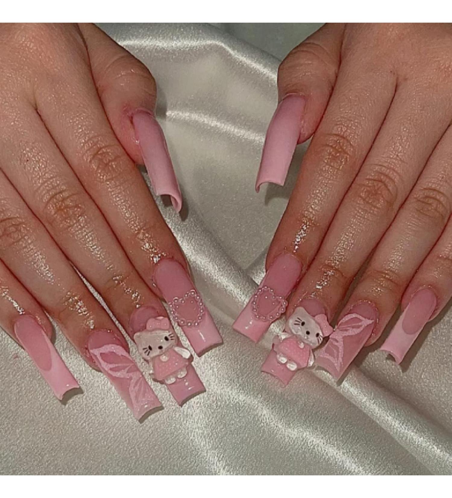 JUSTOTRY 24 Pcs Cute Cartoon Long Butterfly Pink French Press-on Nails | Heart Ballerina Stick-on Acrylic Coffin Fake Nails for Women | Medium Size with Glue for Nail Art - Buy Online on GoSupps.com