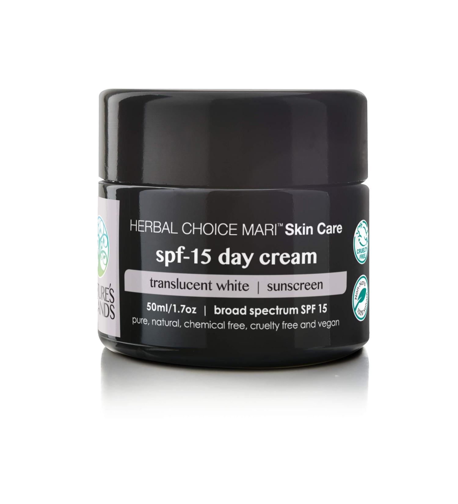 Natural SPF-15 Moisturizing Day Cream by Herbal Choice Mari (Translucent White 1.7 Fl Oz Glass Jar) - Made with Organic Ingredients - No Toxic Synthetic Chemicals Translucent White 1.7 Fl Oz (Pack of 1)