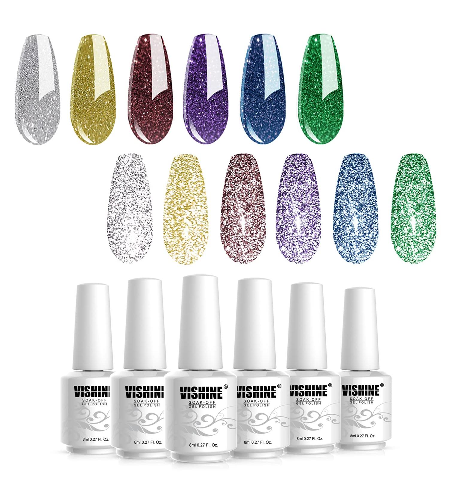 Vishine Glitter Gel Nail Polish Kit 6Pcs Royal Diamond Gel Nail Polish Kit Holographic Glitter Silver Gold Purple Blue Green Nail Polish Gel Kit High Gloss and Sparkle Long Lasting Chip Resistant Manicure 8ml - Buy Online on GoSupps.com