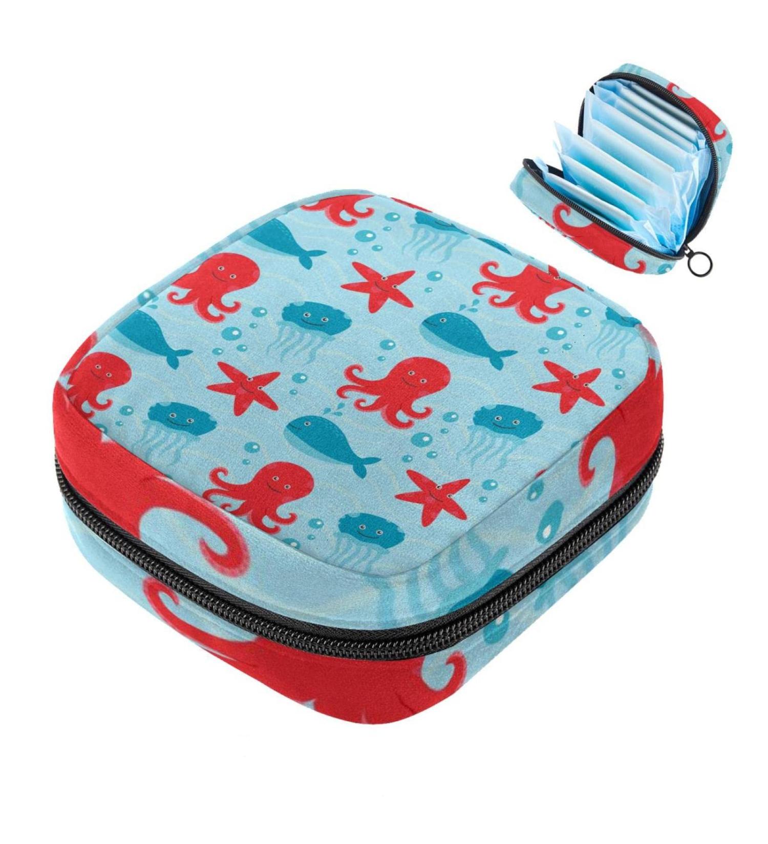 Women's Napkin Storage Pocket - Marine Octopus & Jellyfish Design | Portable Menstrual Cup & Bandage Bags for First Period - Buy Online on GoSupps.com